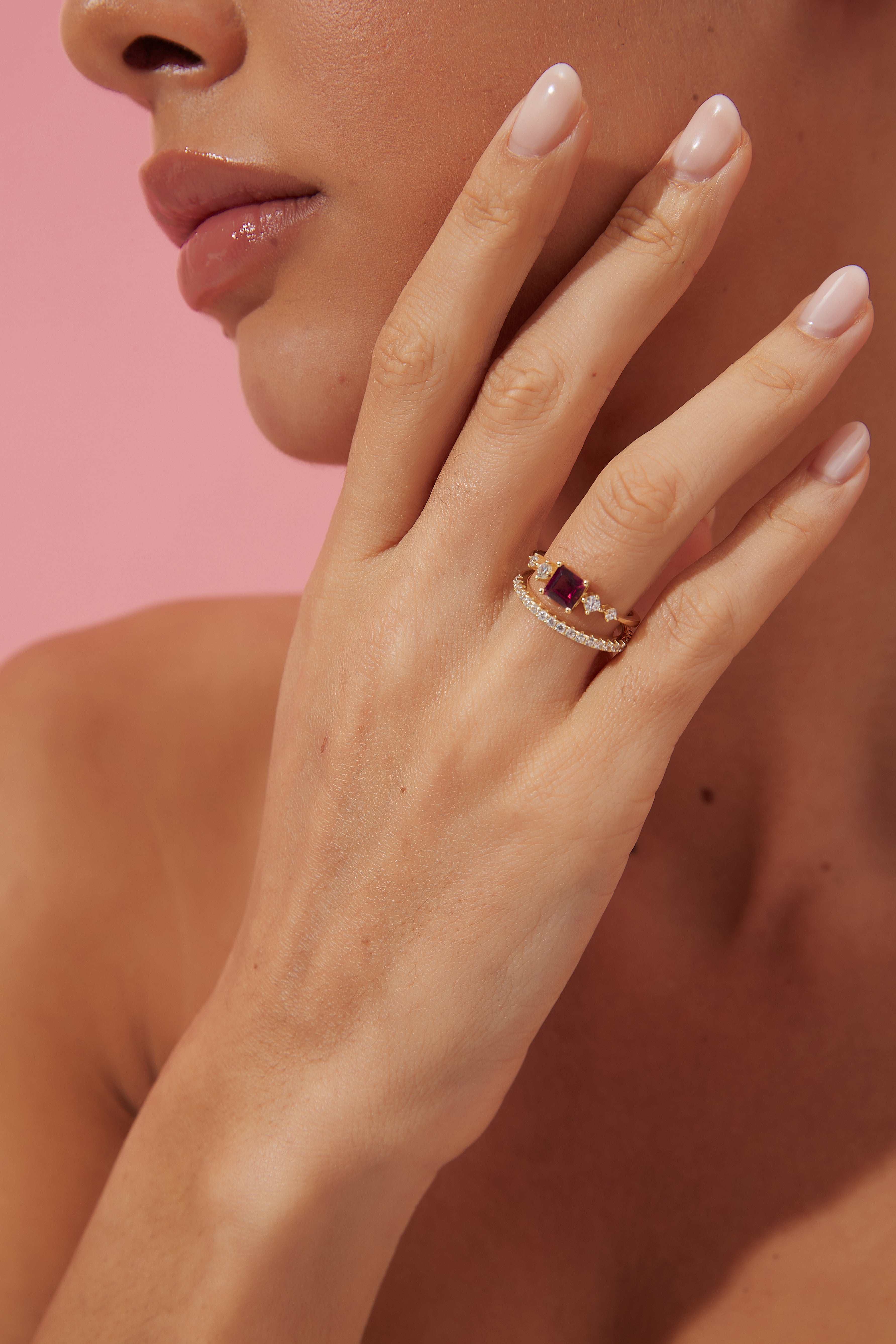 【Rosalind】Unique Handmade Natural Rhodolite Garnet Engagement Ring 0.75ct Princess Cut