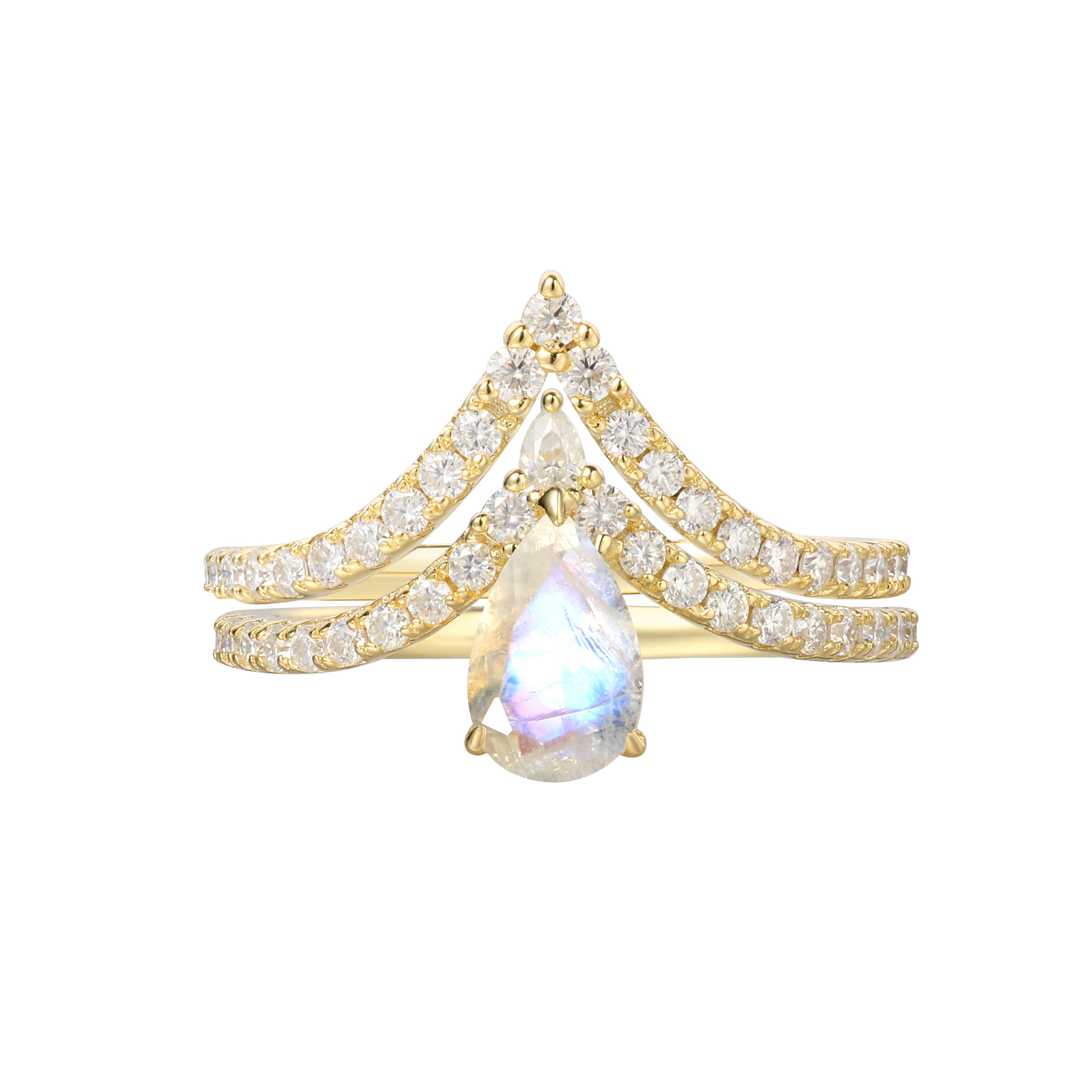 【Lumina Vow】Unique Handmade Natural Blue Moonstone Engagement Ring Set 2pcs 0.7ct Pear Shape