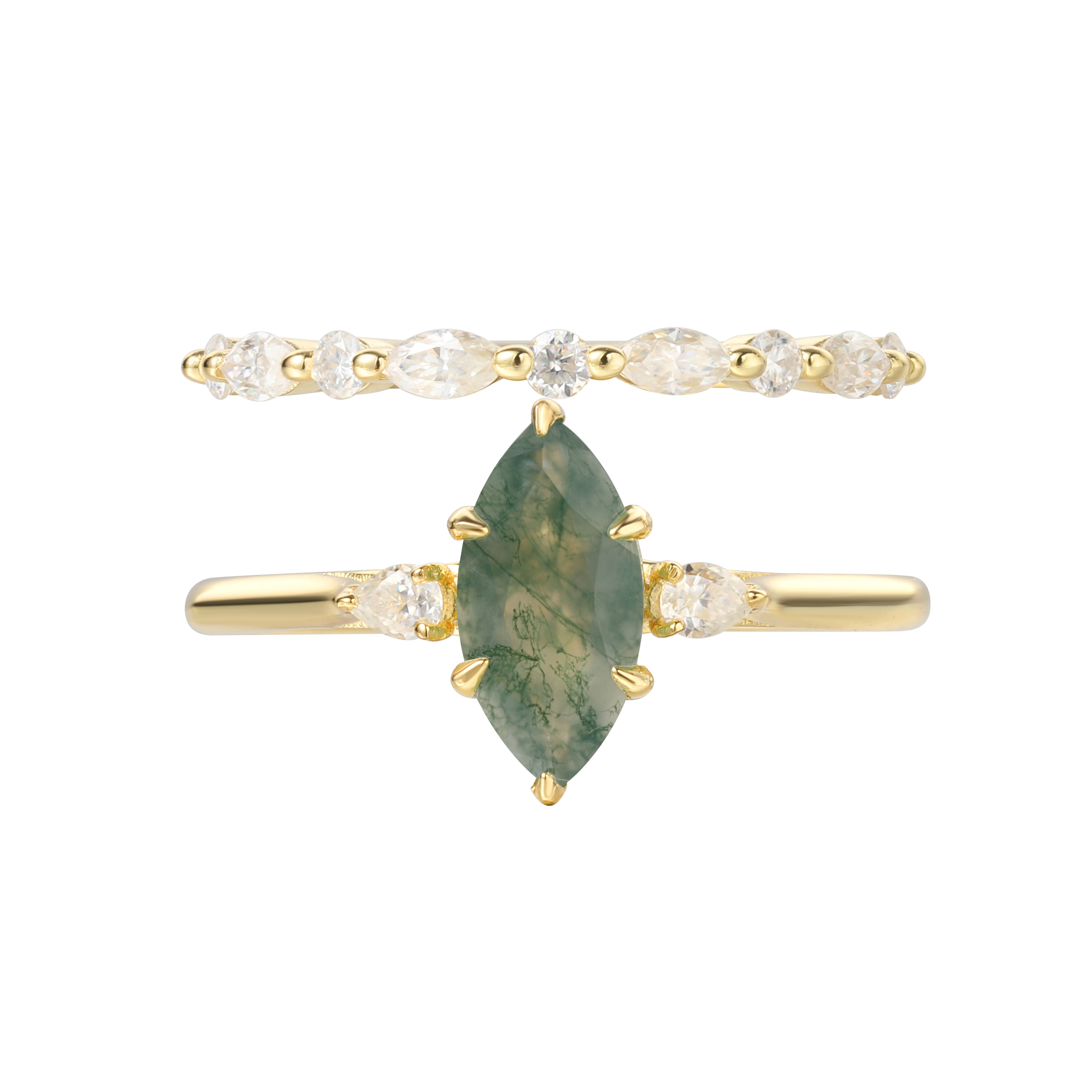 【Cordelia】Unique Handmade Natural Moss Agate Engagement Ring Set 2pcs 1ct Marquise Shape