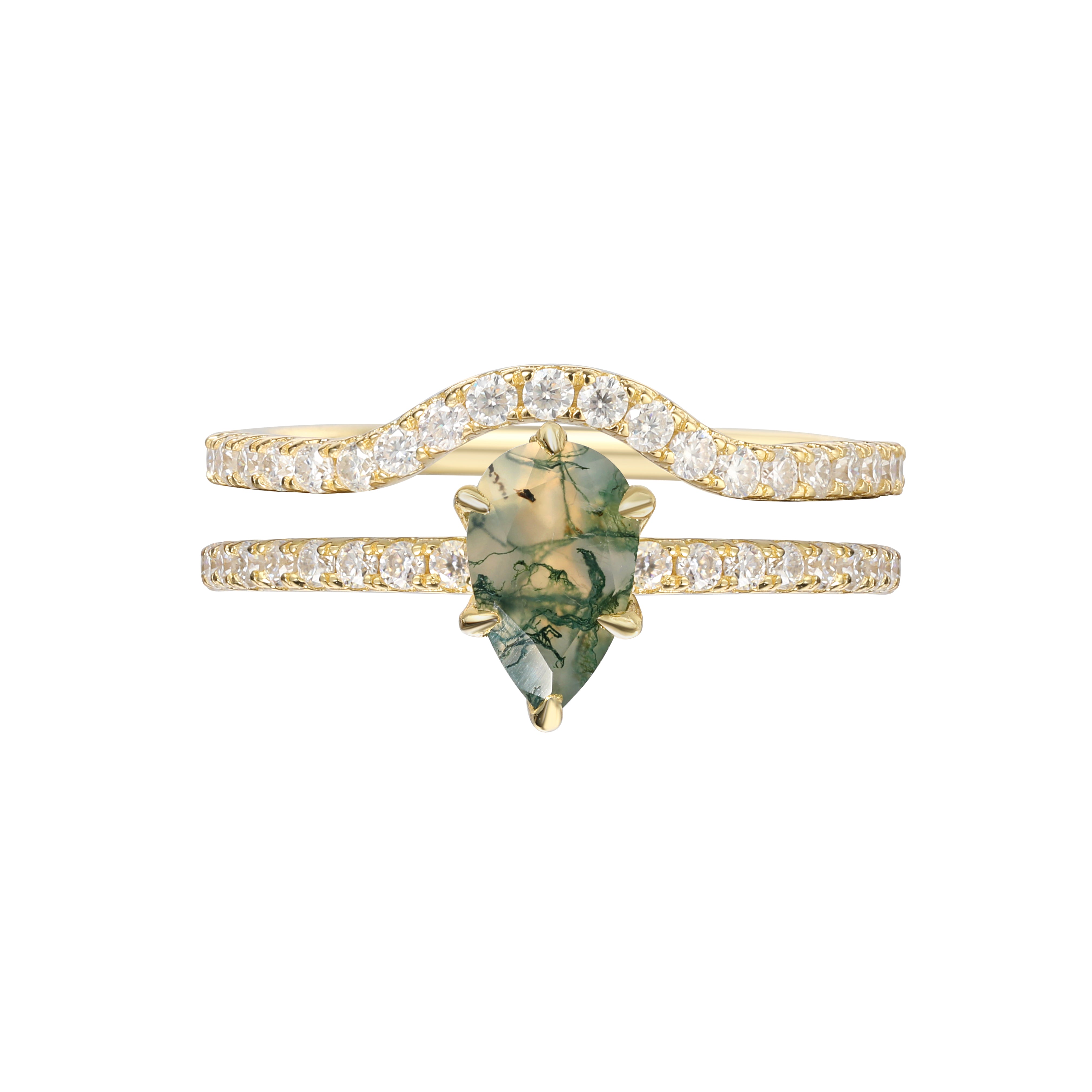 【Sylvan Covenant】Unique Handmade Natural Moss Agate Engagement Ring Set 2pcs 0.7ct Pear Shape