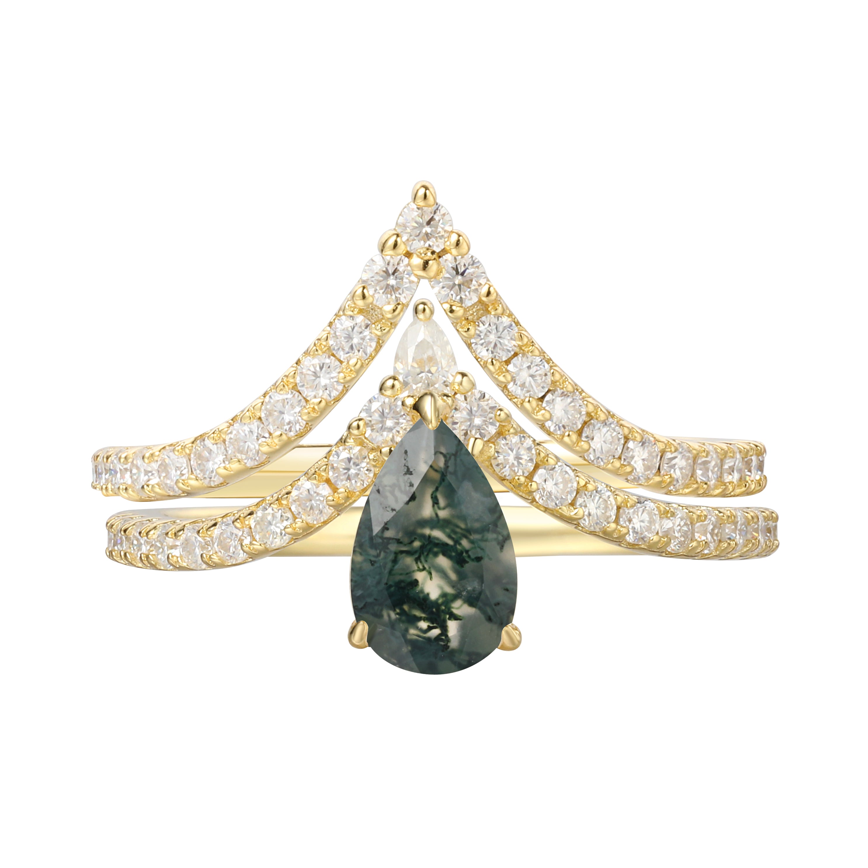 【Mossgard】Ensemble de 2 bagues de fiançailles uniques en agate mousse naturelle, faites à la main, 0,7 ct, forme poire