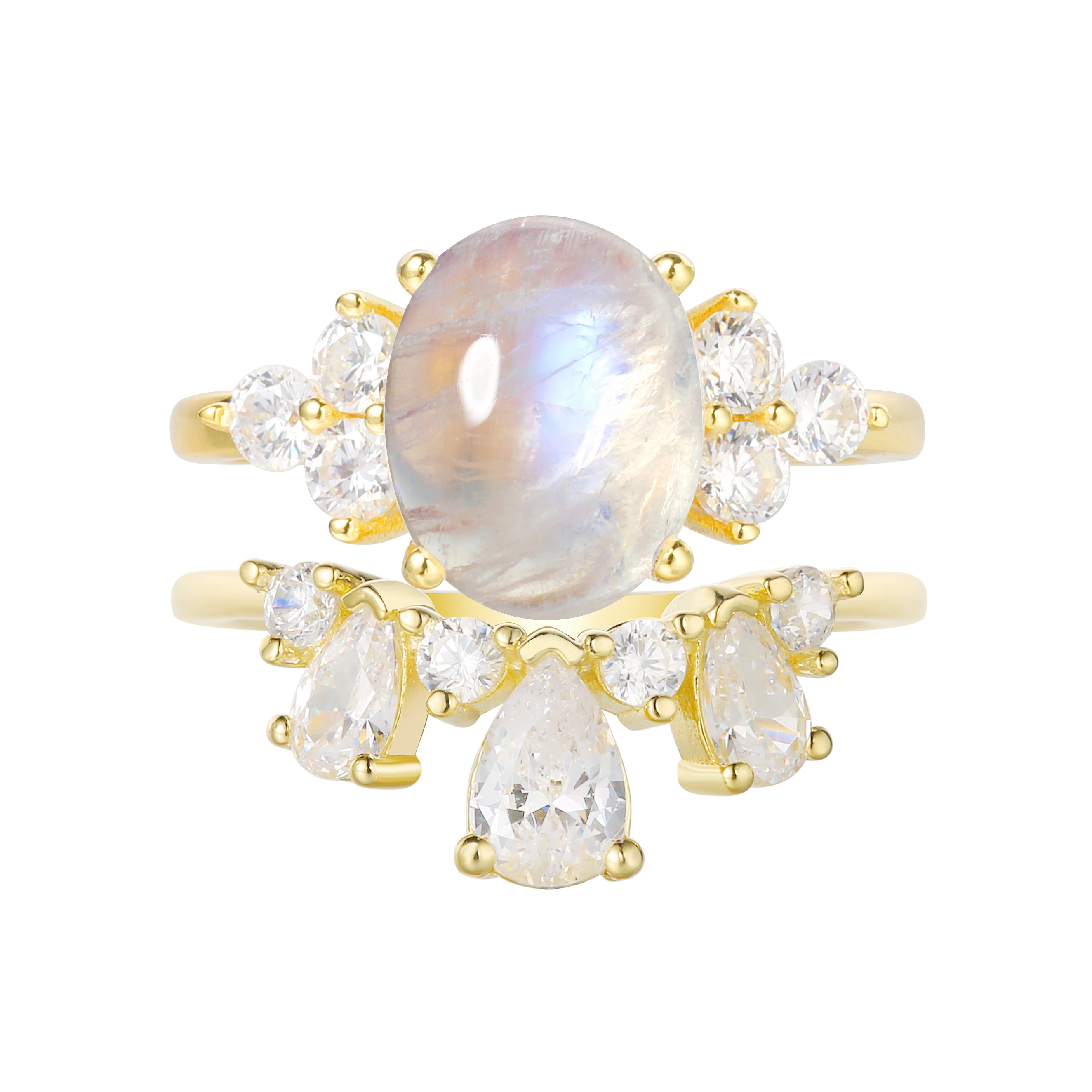 【ENSEMBLE DIANA】Ensemble de 2 bagues de fiançailles ovales en pierre de lune bleue naturelle de 3 carats, fabriquées à la main.