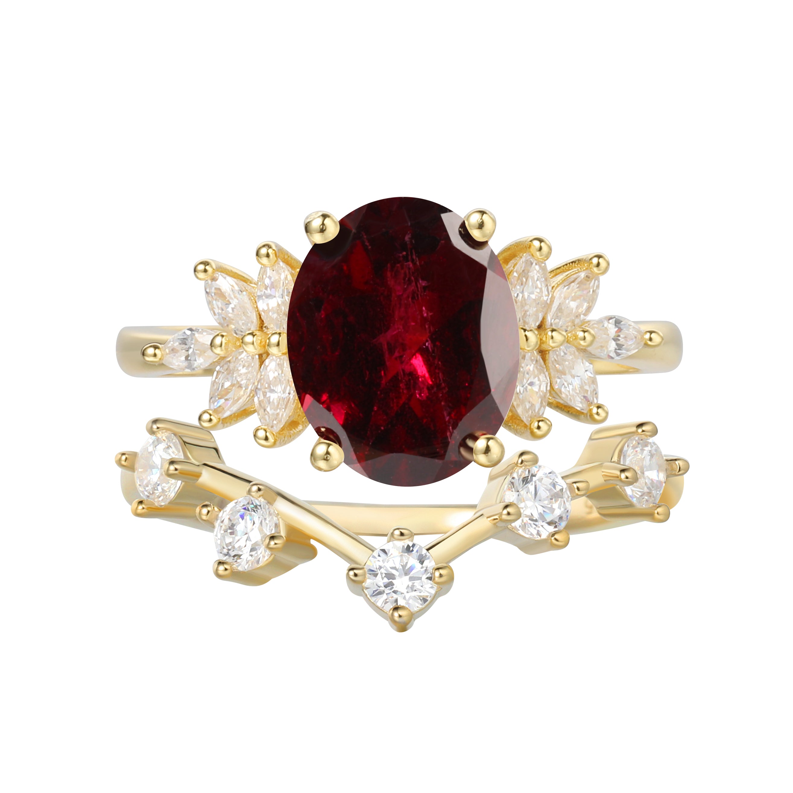 【SCARLETTE SET】Handmade Natural Rhodolite Garnet Engagement Ring Set 2pcs Oval Shape 3ct