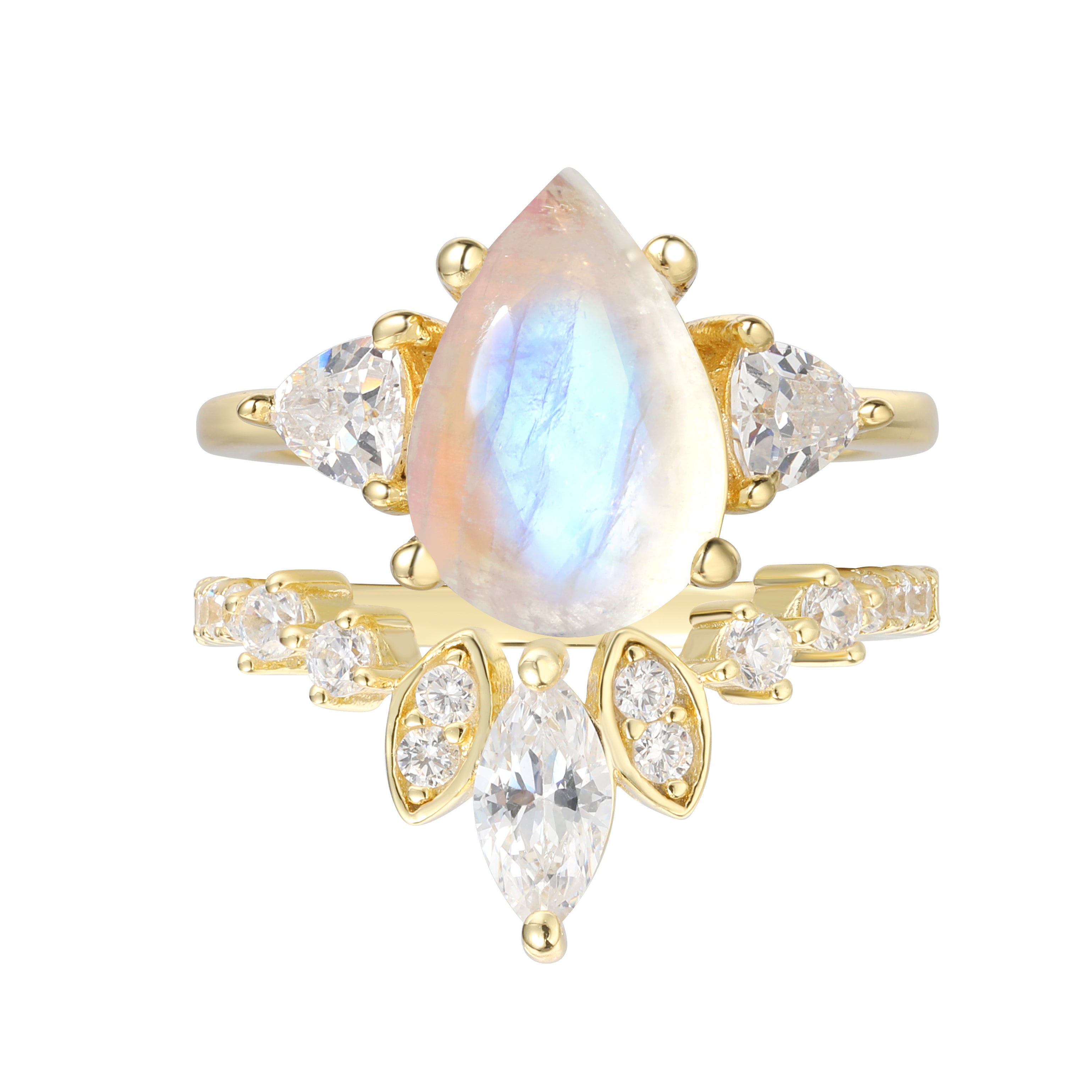 【ENSEMBLE SERAPHINA】Ensemble de fiançailles unique, fait main, en pierre de lune bleue naturelle, 2 pièces, forme poire, 3 carats