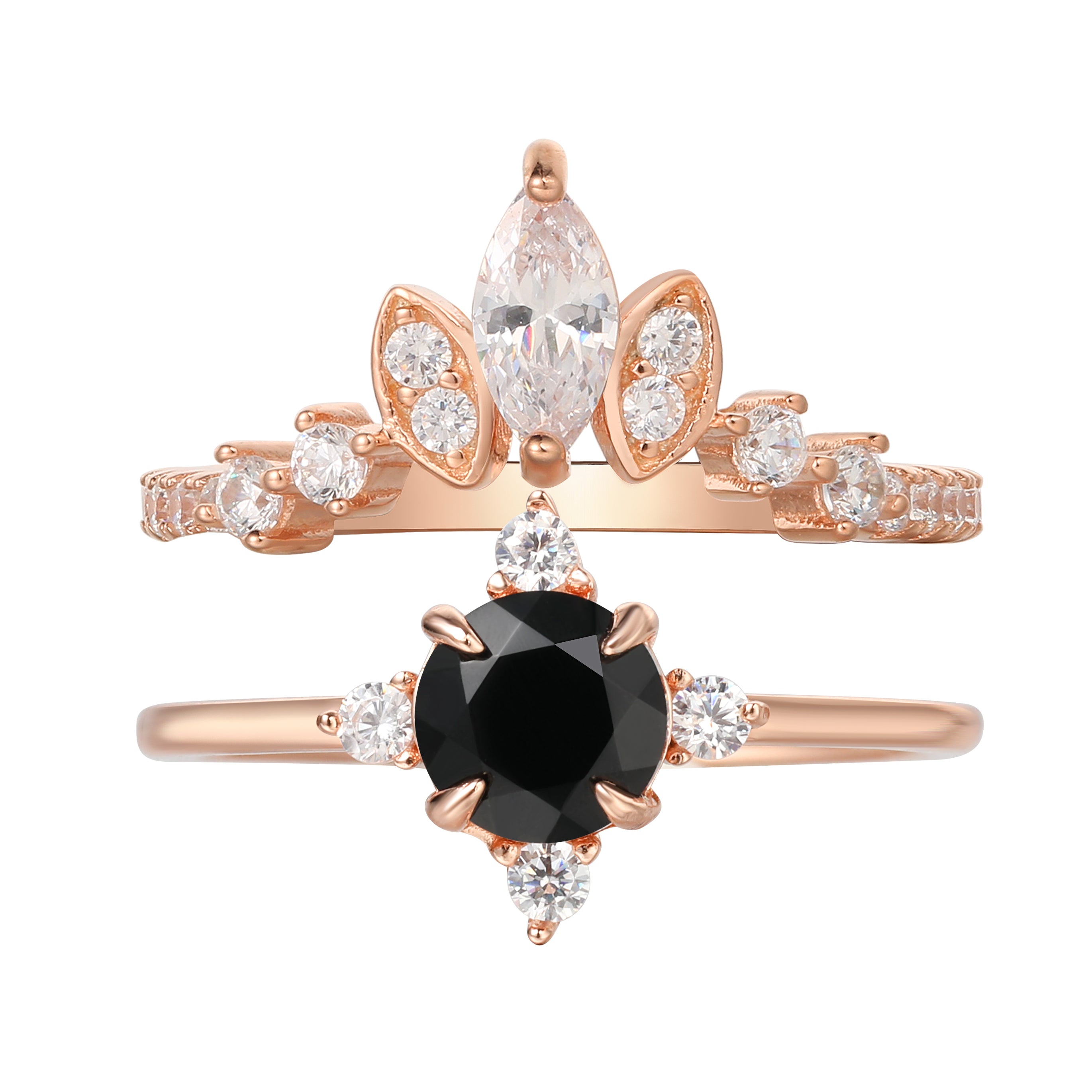 【HECATE SET】Unique Handmade Natural Black Onyx Engagement Ring Set 2pcs Round Shape 0.8ct