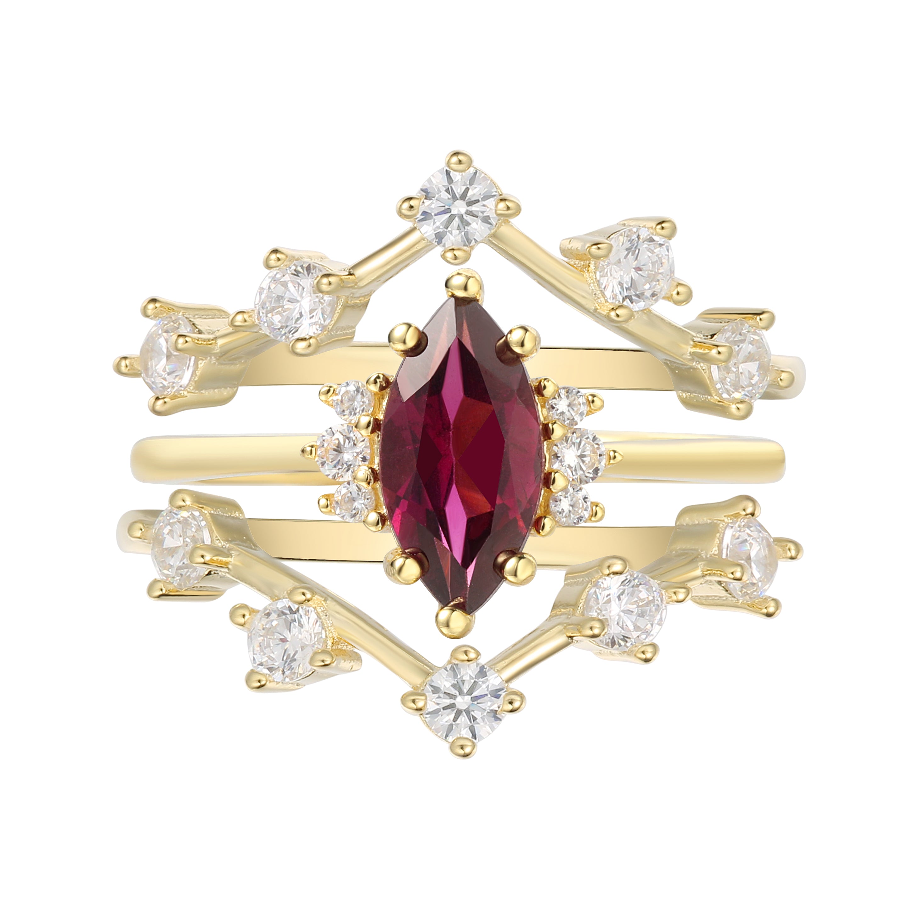 【Octavia SET】Handmade Natural Rhodolite Garnet Engagement Ring Set 3pcs Marquise Shape 1ct