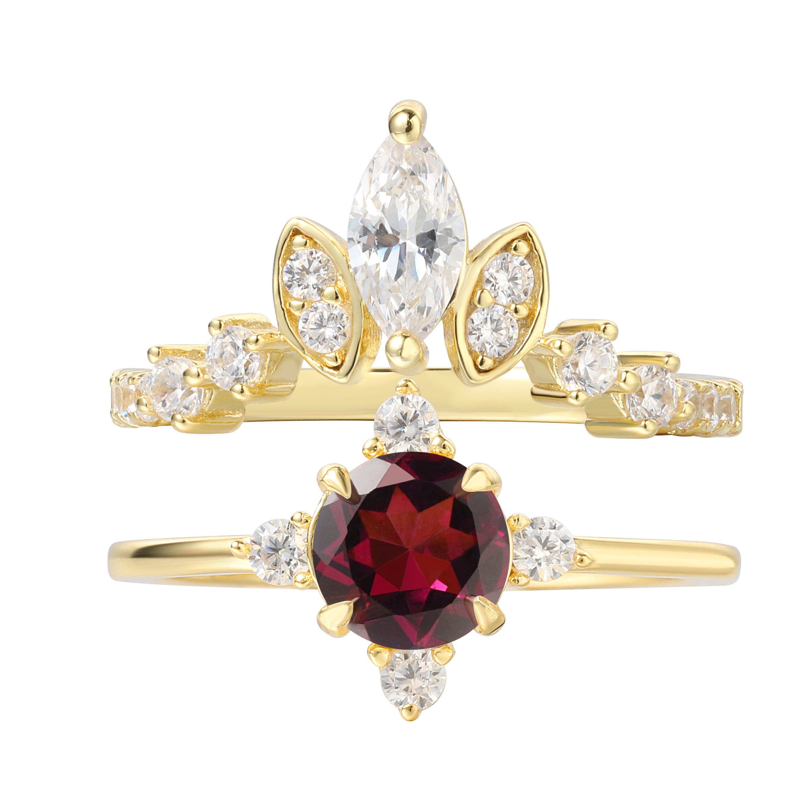 【FREYA SET】Unique Handmade Natural Rhodolite Garnet Engagement Ring Set 2pcs Round Shape 0.8ct