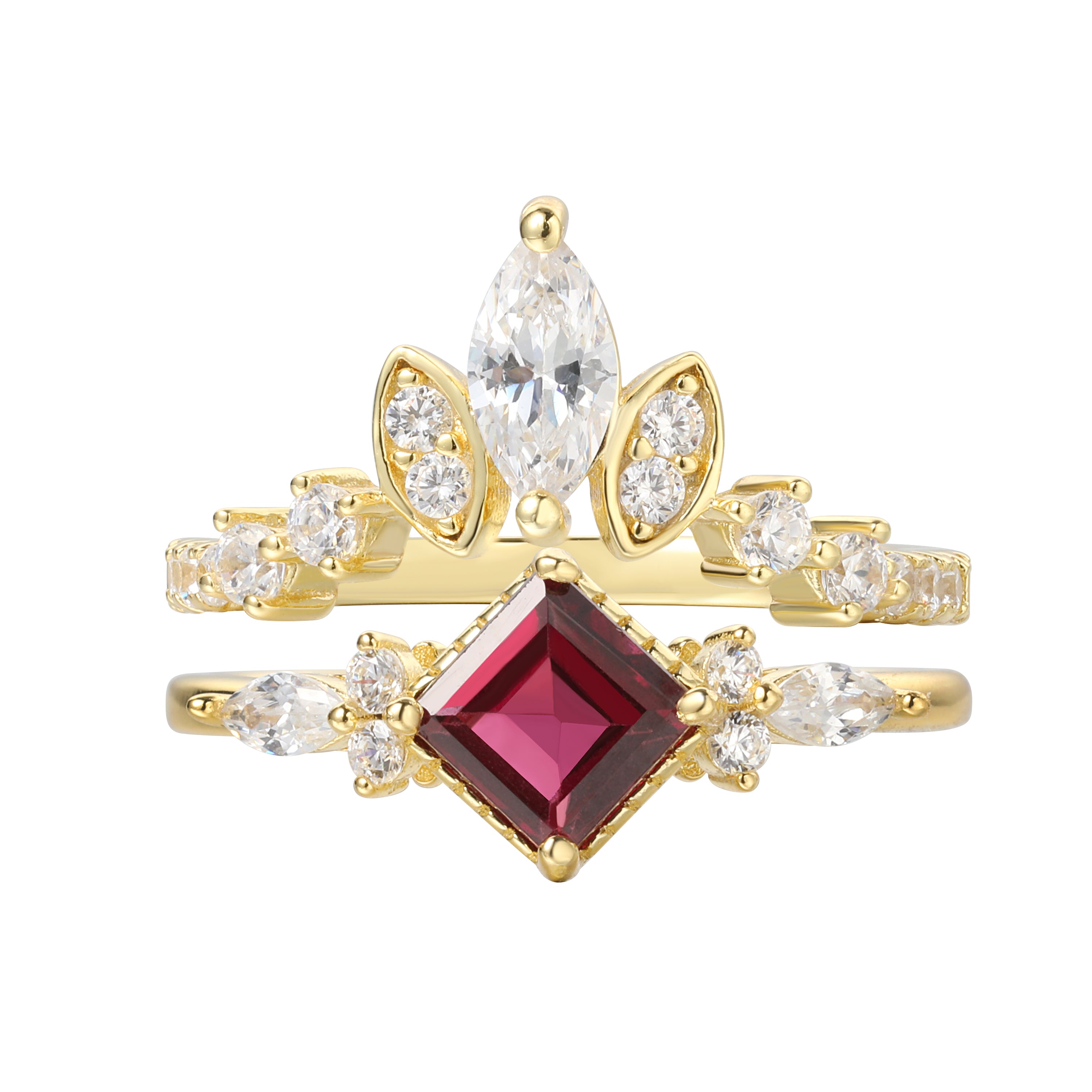 【ANTONIA SET】Handmade Natural Rhodolite Garnet Engagement Ring Set 2pcs 0.75ct Princess Shape