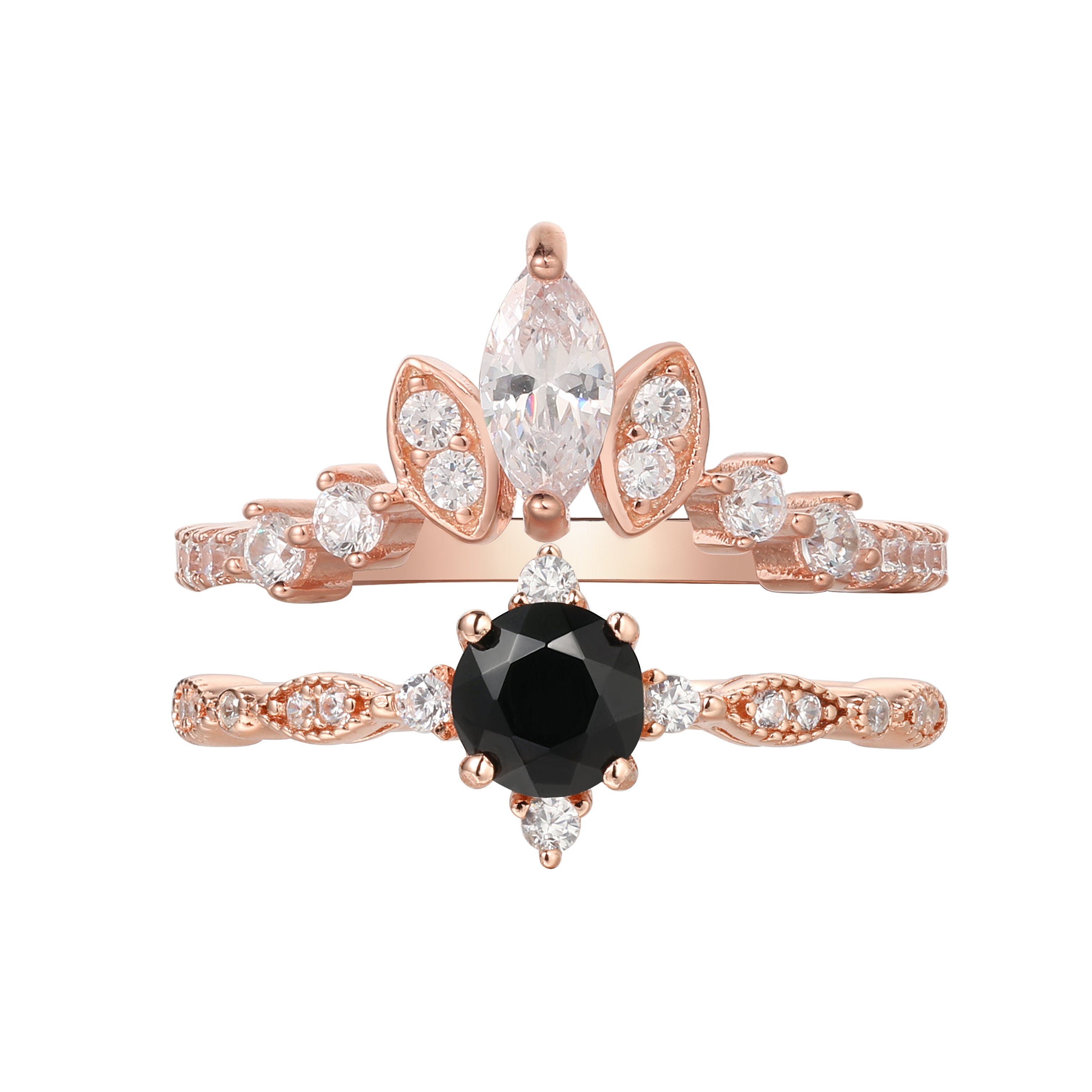 【Nocturna Set】Handmade Natural Black Onyx Engagement Ring Set 2pcs 0.5ct Round Shape