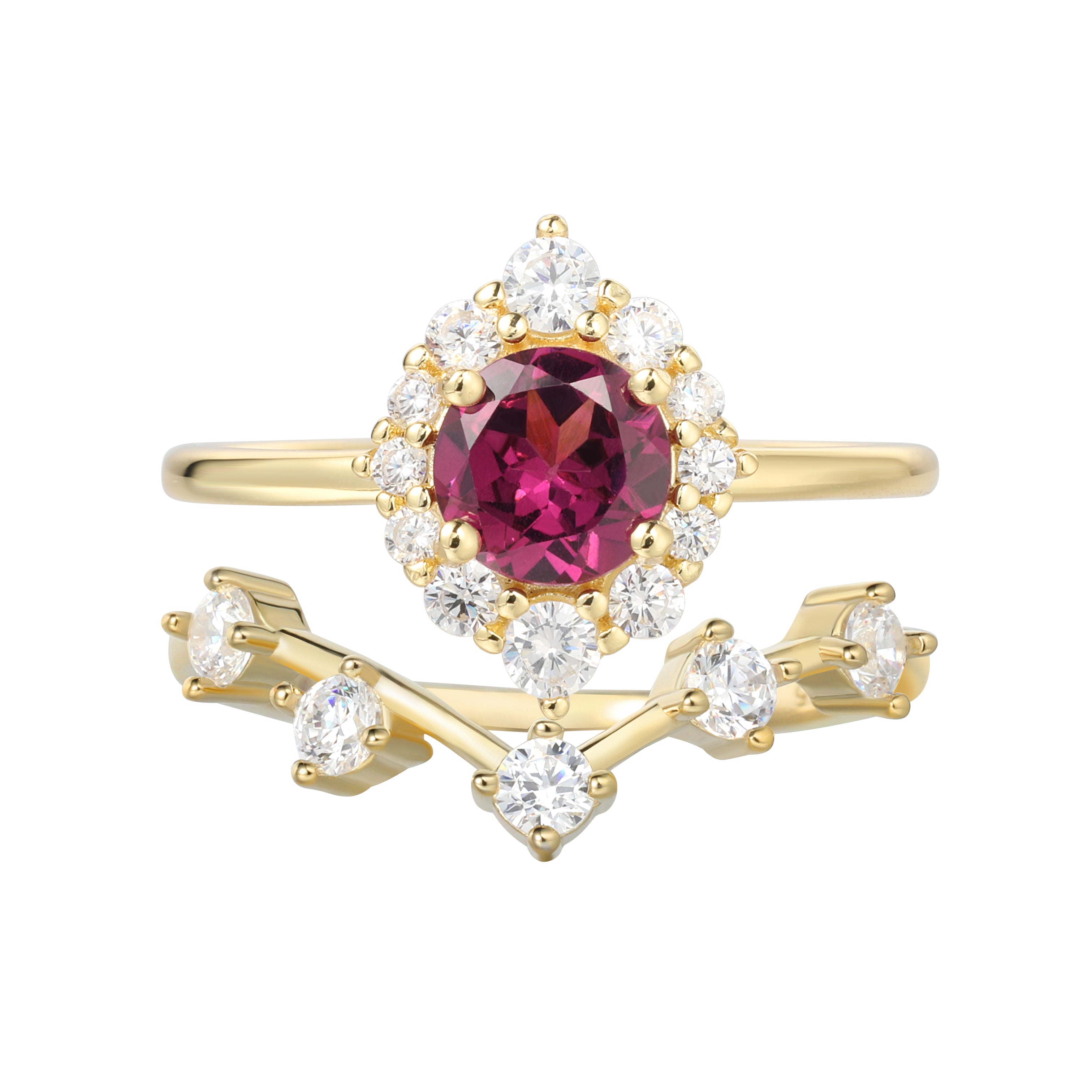 【Cerise Set】Handmade Natural Rhodolite Garnet Engagement Ring Set 2pcs0.8ct Round Shape