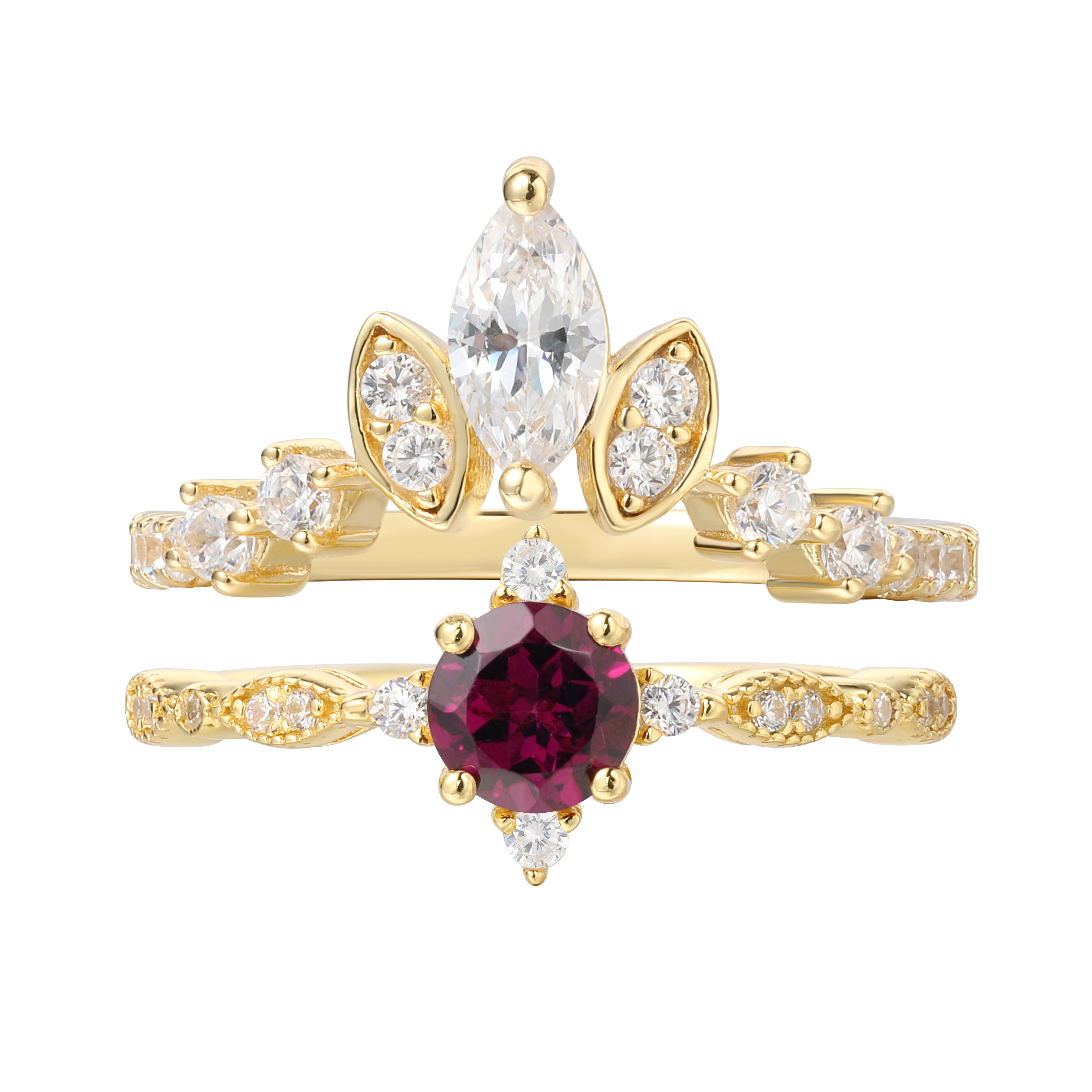【Valoria Set】Handmade Natural Rhodolite Garnet Engagement Ring Set 2pcs 0.5ct Round Shape