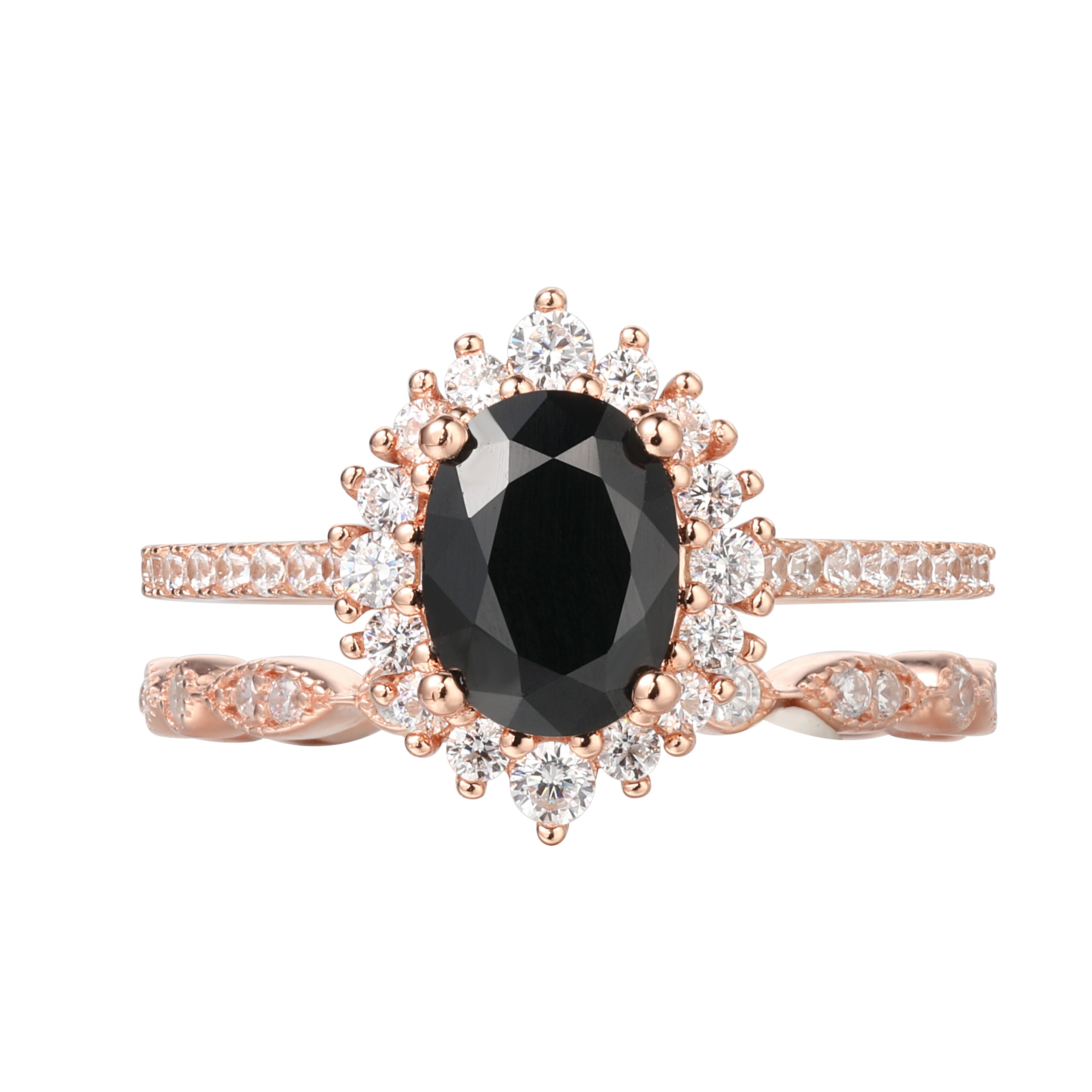 【Ensemble Vespera】Ensemble de 2 bagues de fiançailles ovales en onyx noir naturel fait main (1,5 ct).