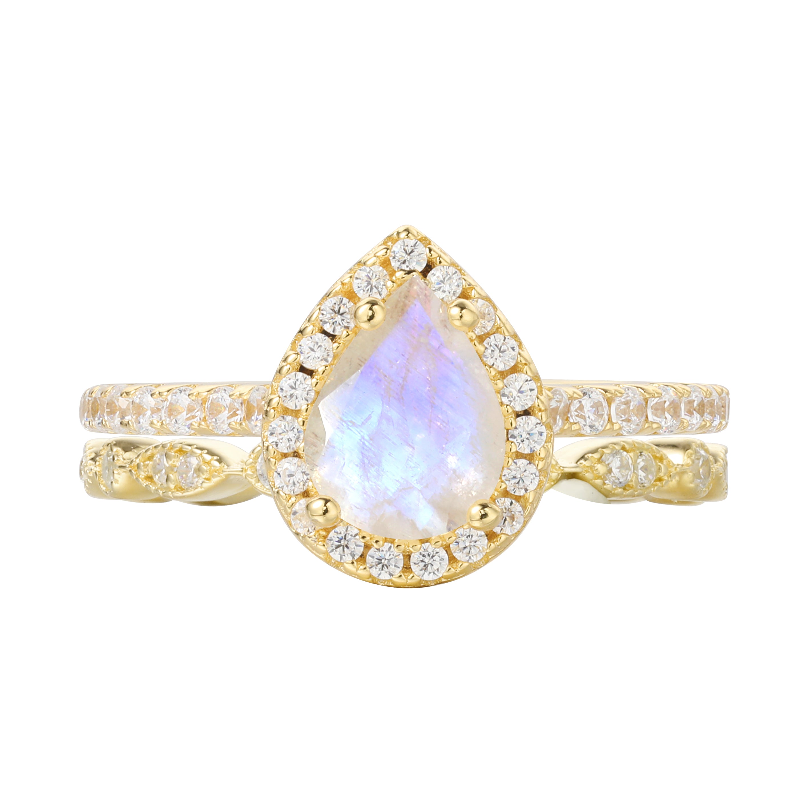 【Parure Clair de Lune】Ensemble de 2 bagues de fiançailles uniques, faites à la main, en pierre de lune bleue naturelle de 0,8 ct, forme poire