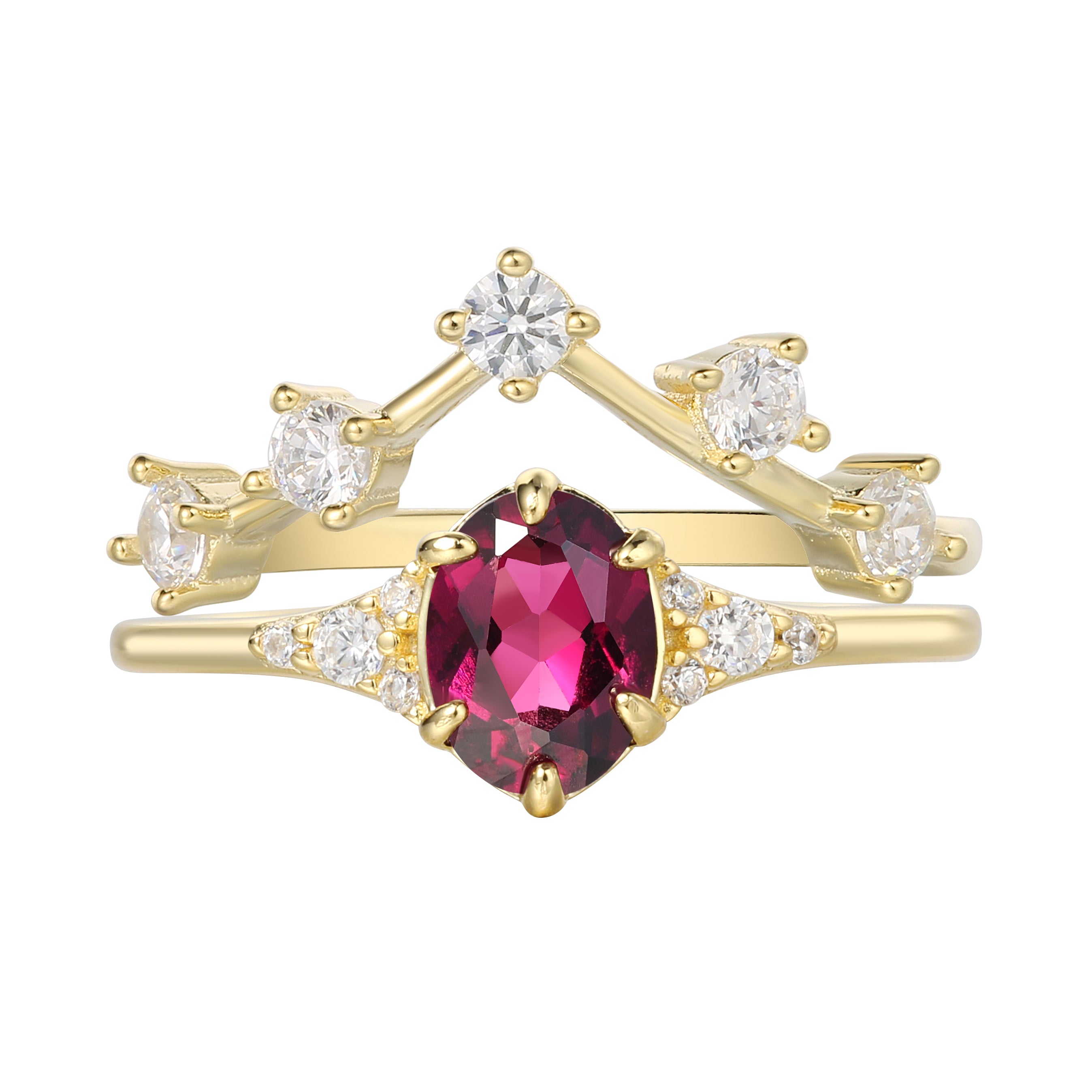 【Regalia Set】Handmade Natural Rhodolite Garnet Engagement Ring Set 2pcs 0.75ct Oval Cut