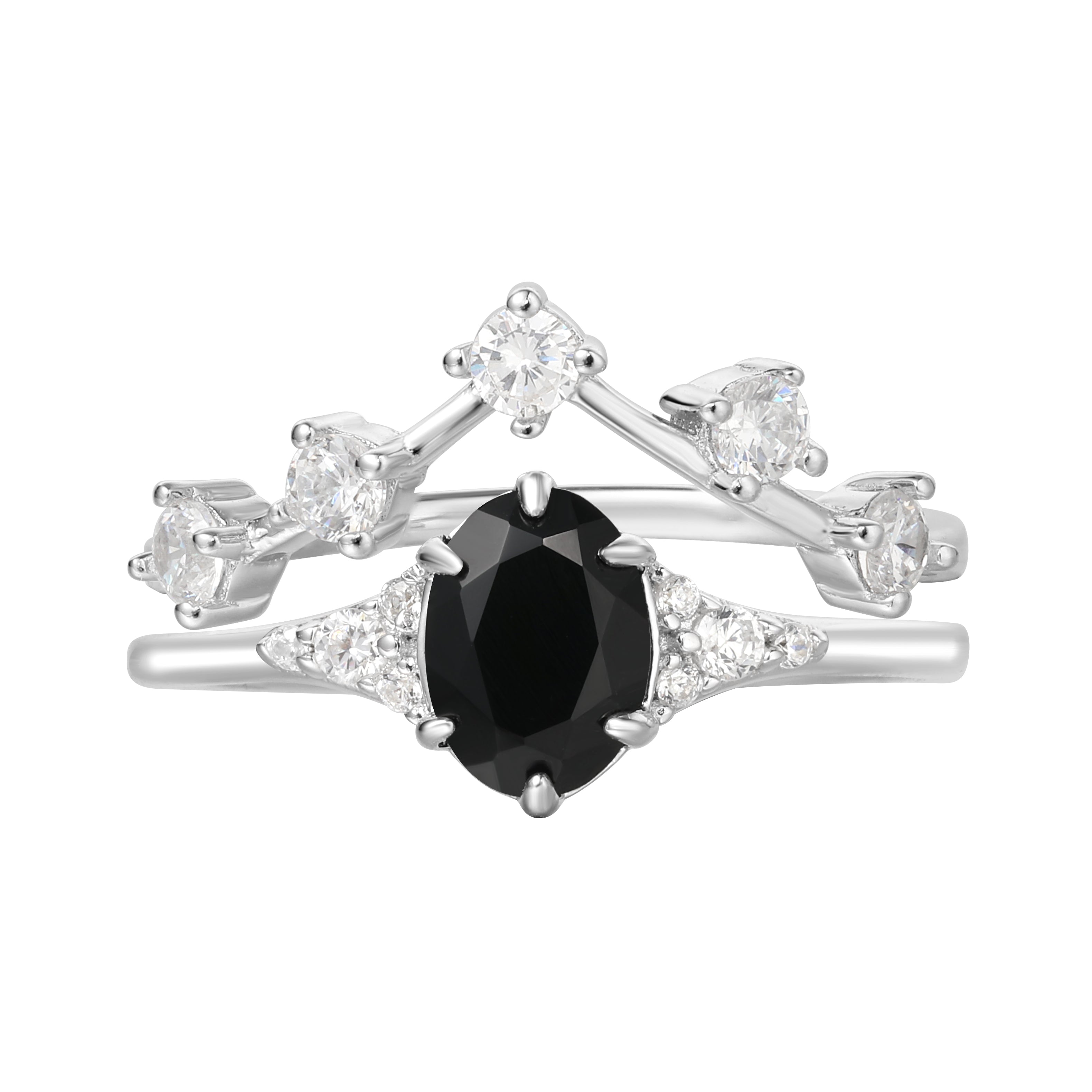 【Ensemble Lyra】Ensemble de 2 bagues de fiançailles ovales en onyx noir naturel fait main (0,75 ct).