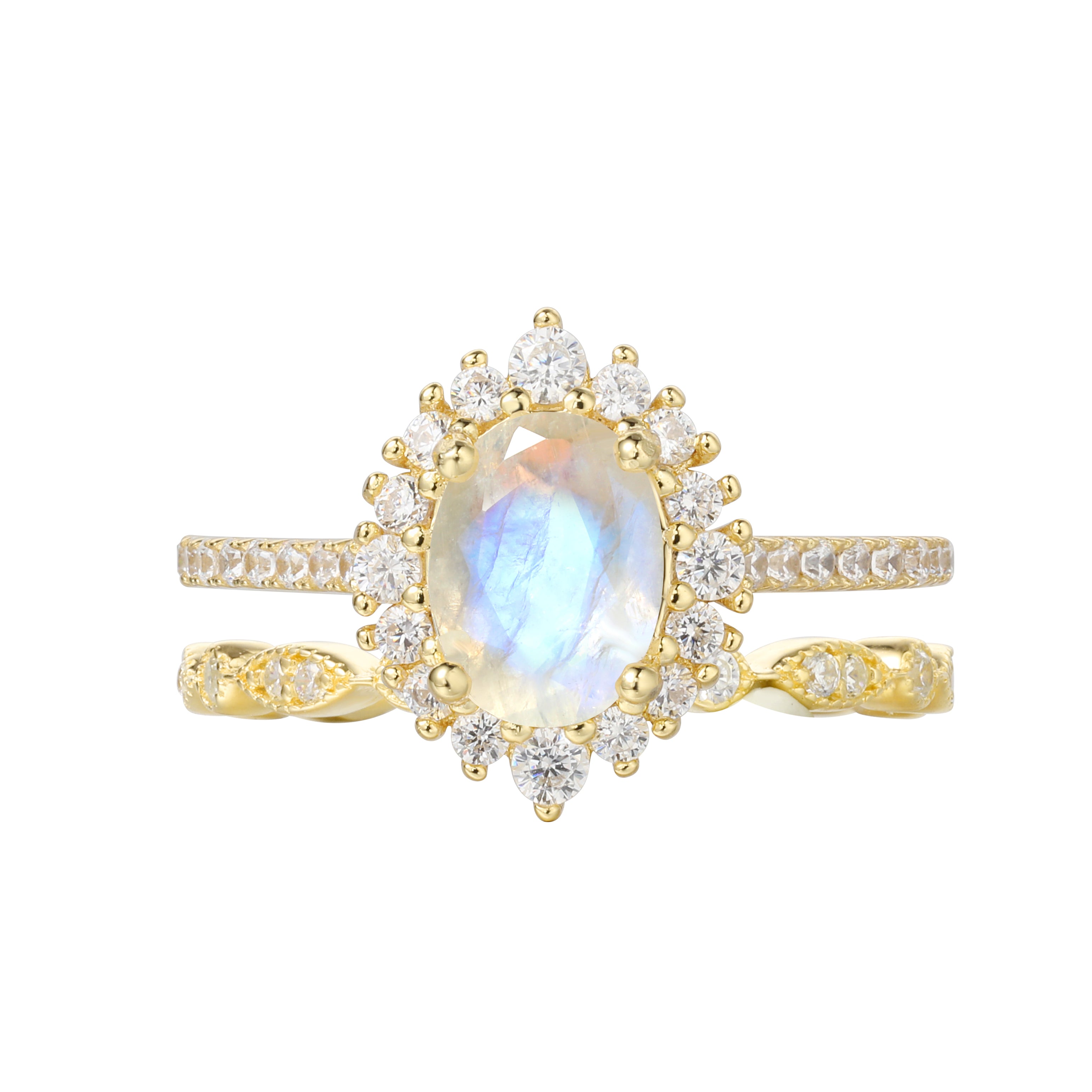 【Ensemble Celestia】Ensemble unique de bagues de fiançailles en pierre de lune bleue naturelle, 2 pièces, 1,5 ct, forme ovale, fabriquées à la main