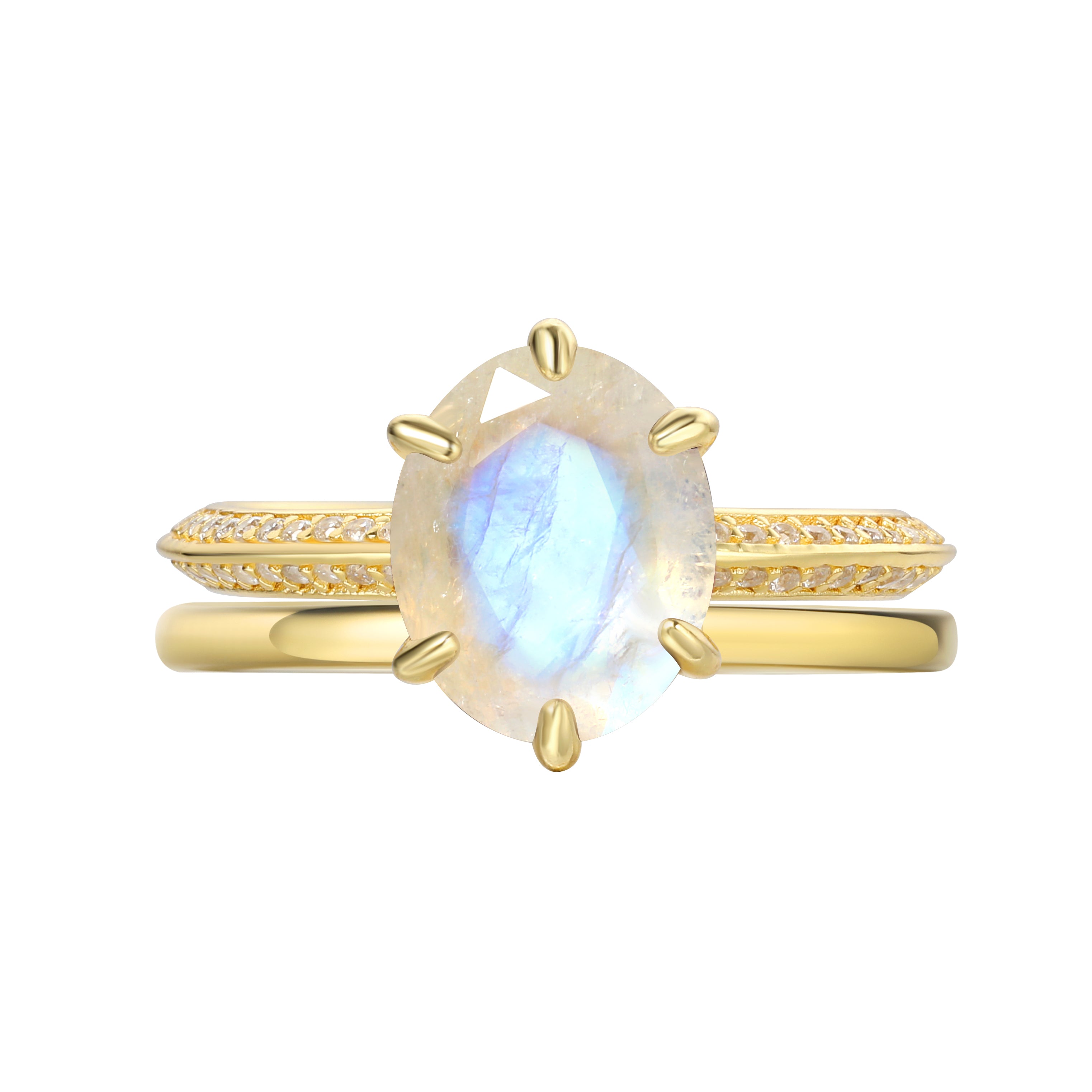 【Ensemble Astral】Ensemble unique de bagues de fiançailles en pierre de lune bleue naturelle, 2 pièces, 3 carats, forme ovale, fabriquées à la main