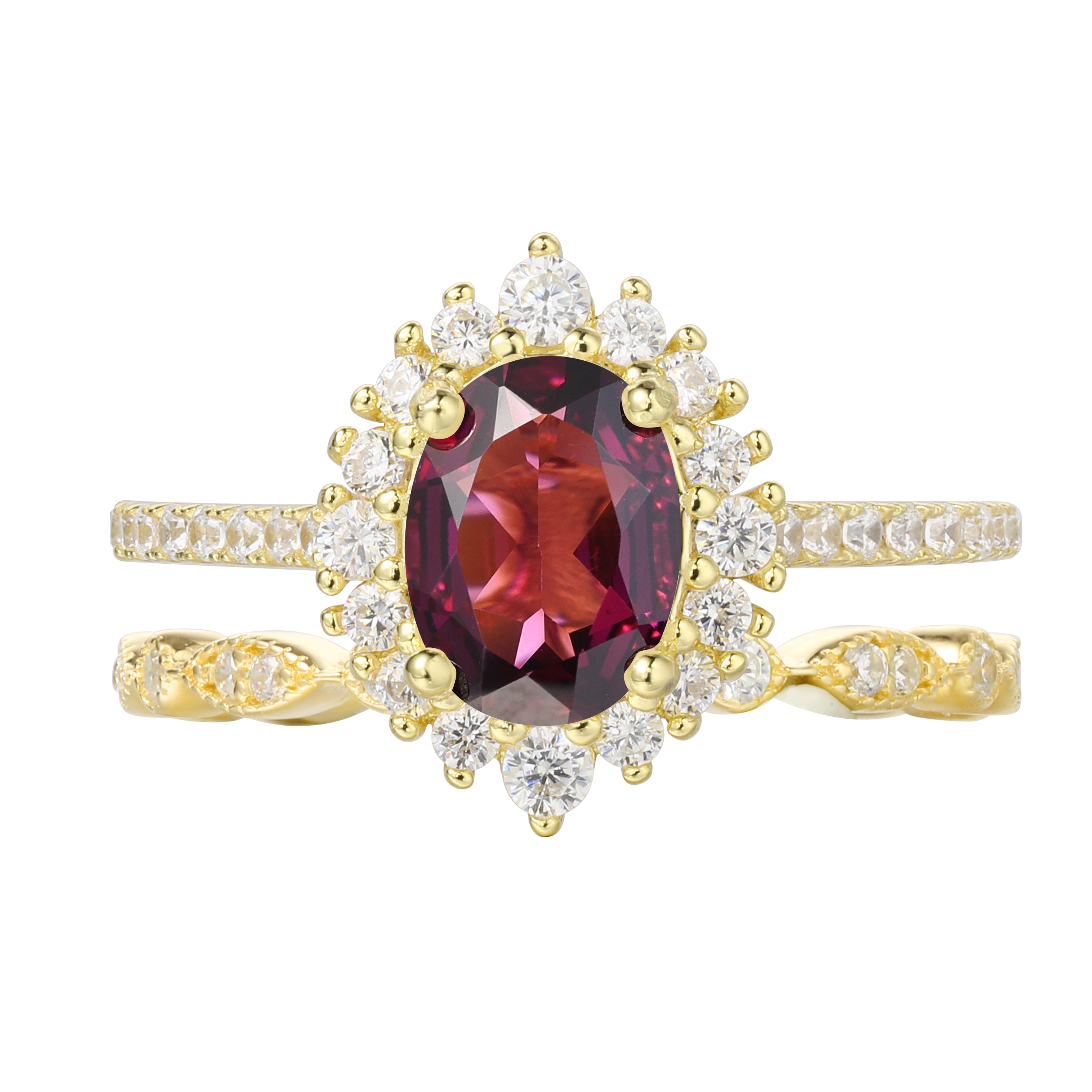 【Ensemble Valencia】 Bague de fiançailles artisanale en grenat rhodolite naturel, 2 pièces, 1,5 ct, forme ovale
