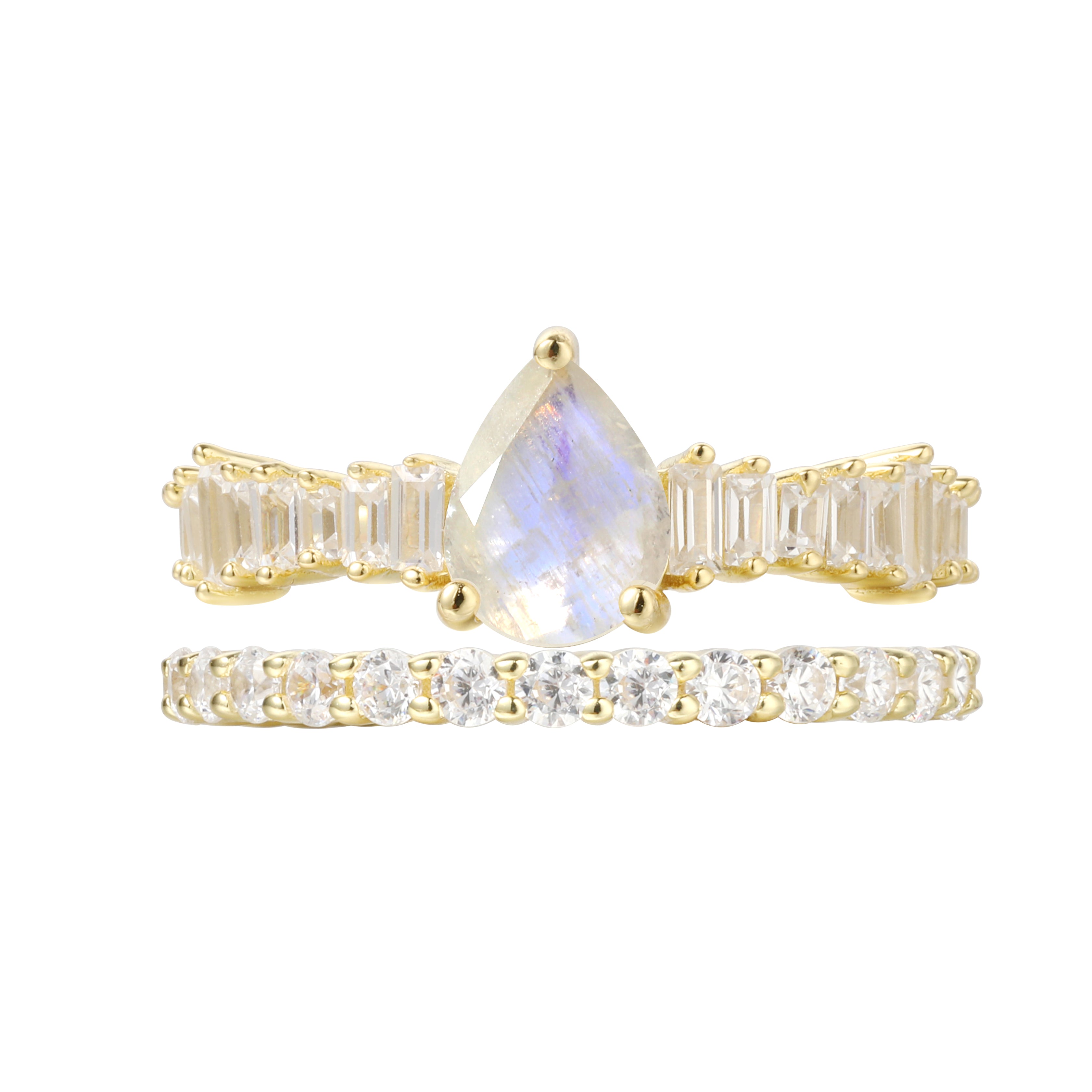 【Ensemble Calice】Ensemble de bagues de fiançailles unique, fait main, en pierre de lune bleue naturelle de 0,8 ct, forme poire, composé de 2 pièces