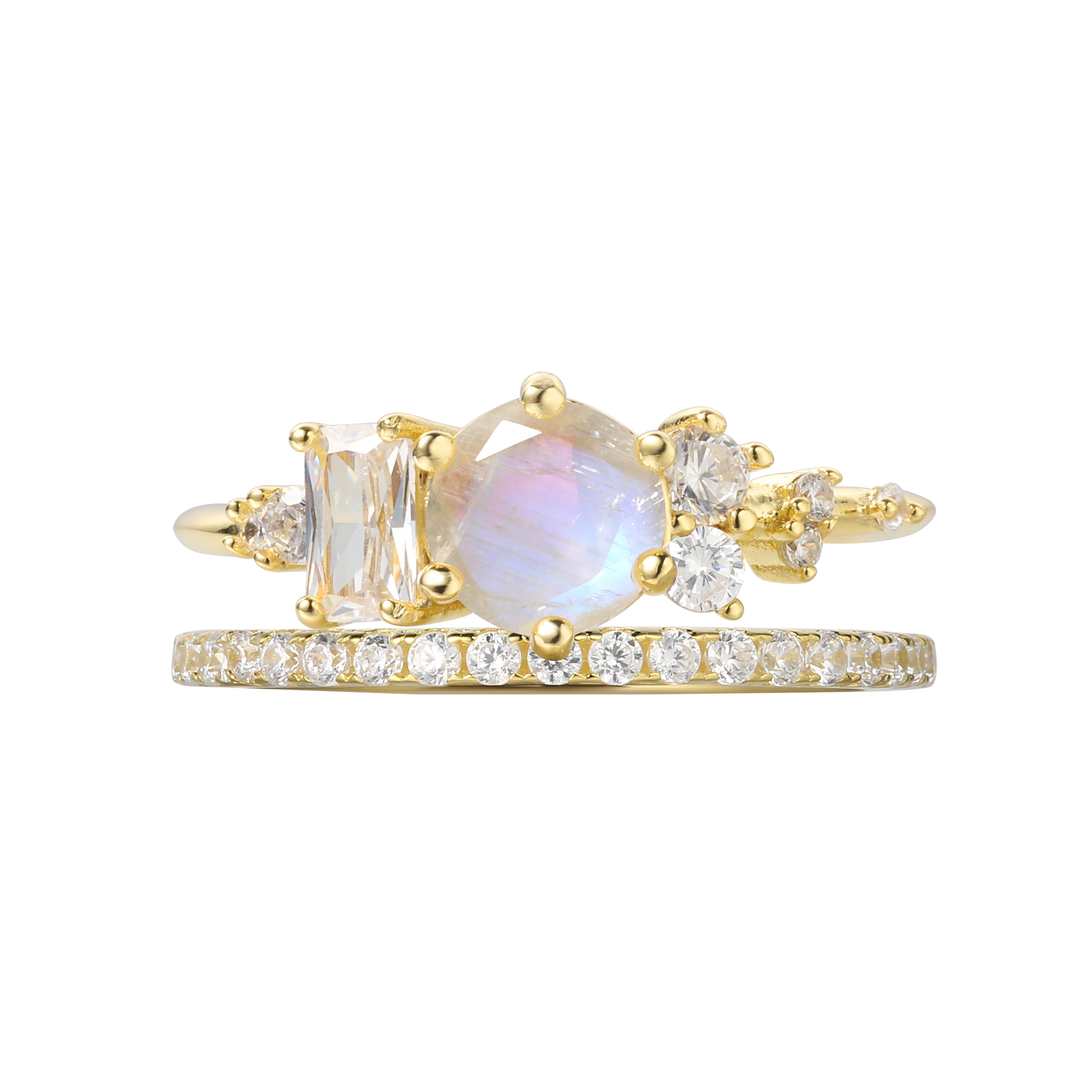 【Ensemble Auraline】Ensemble unique de bagues de fiançailles en pierre de lune bleue naturelle faite à la main, 2 pièces, 0,8 ct, forme ronde