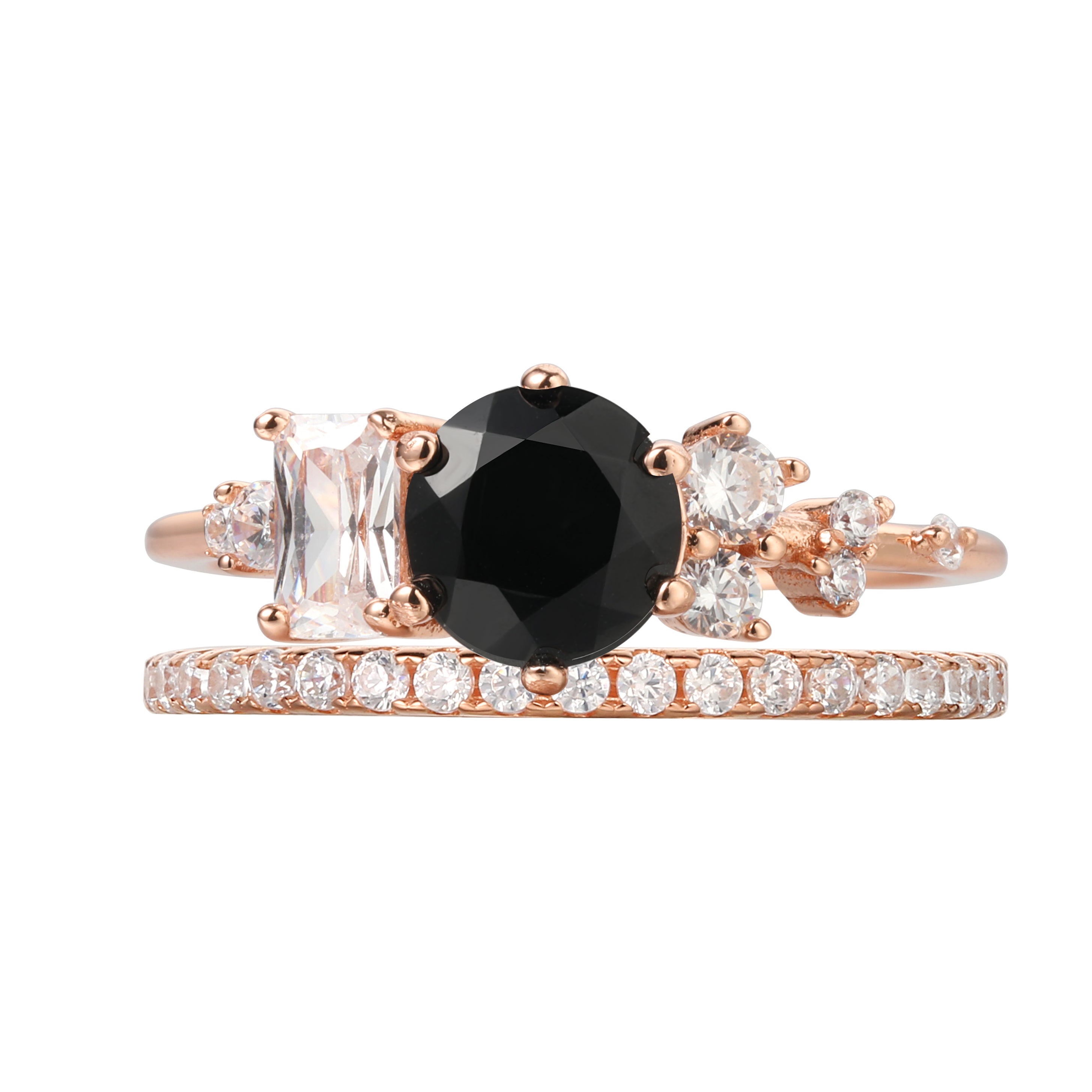 【Ensemble Flora】Ensemble de 2 bagues de fiançailles en onyx noir naturel fait main, forme ronde, 0,8 ct