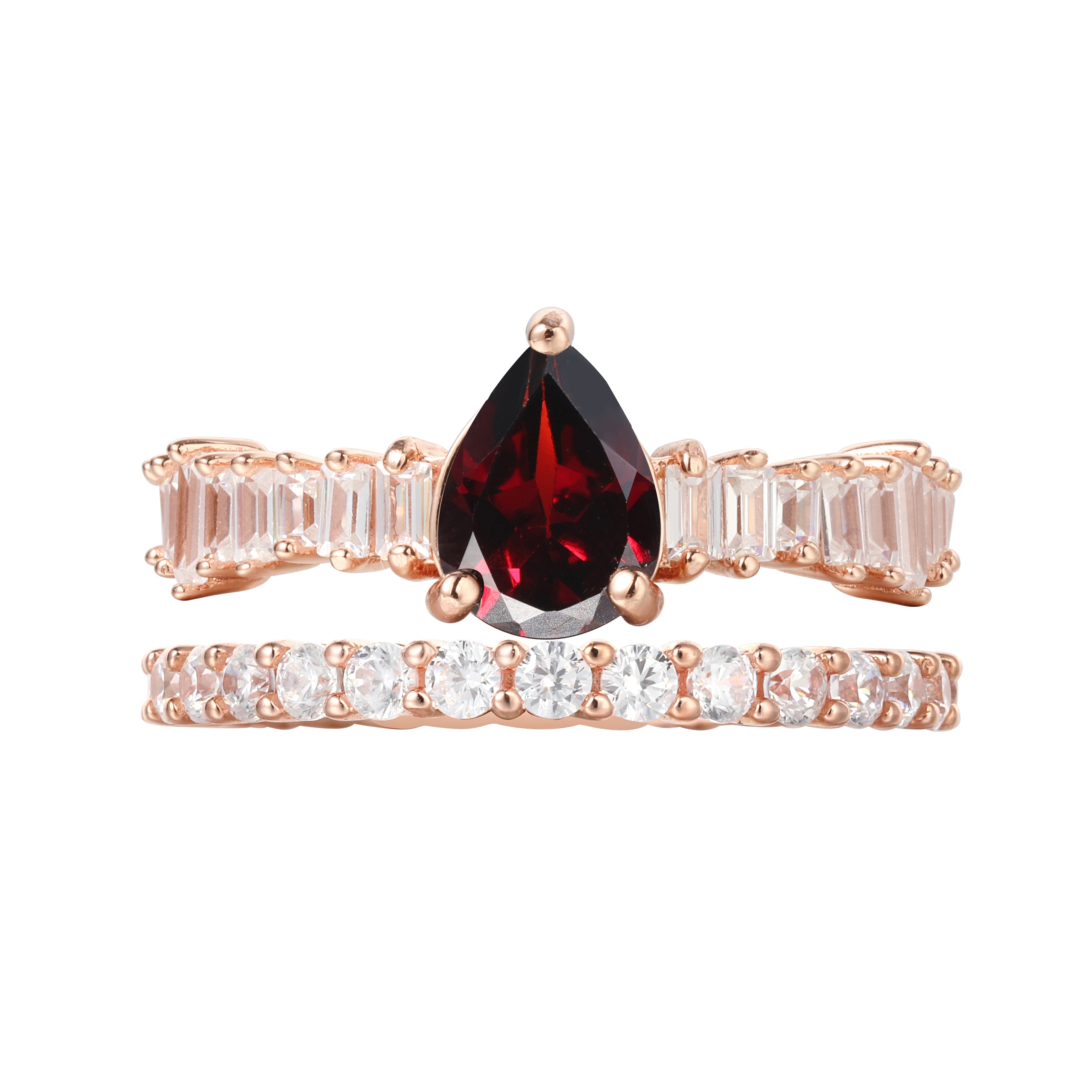 【Rubra Symphony Set】Unique Handmade Natural Rhodolite Garnet Engagement Ring Set 2pcs 0.8ct Pear Shape