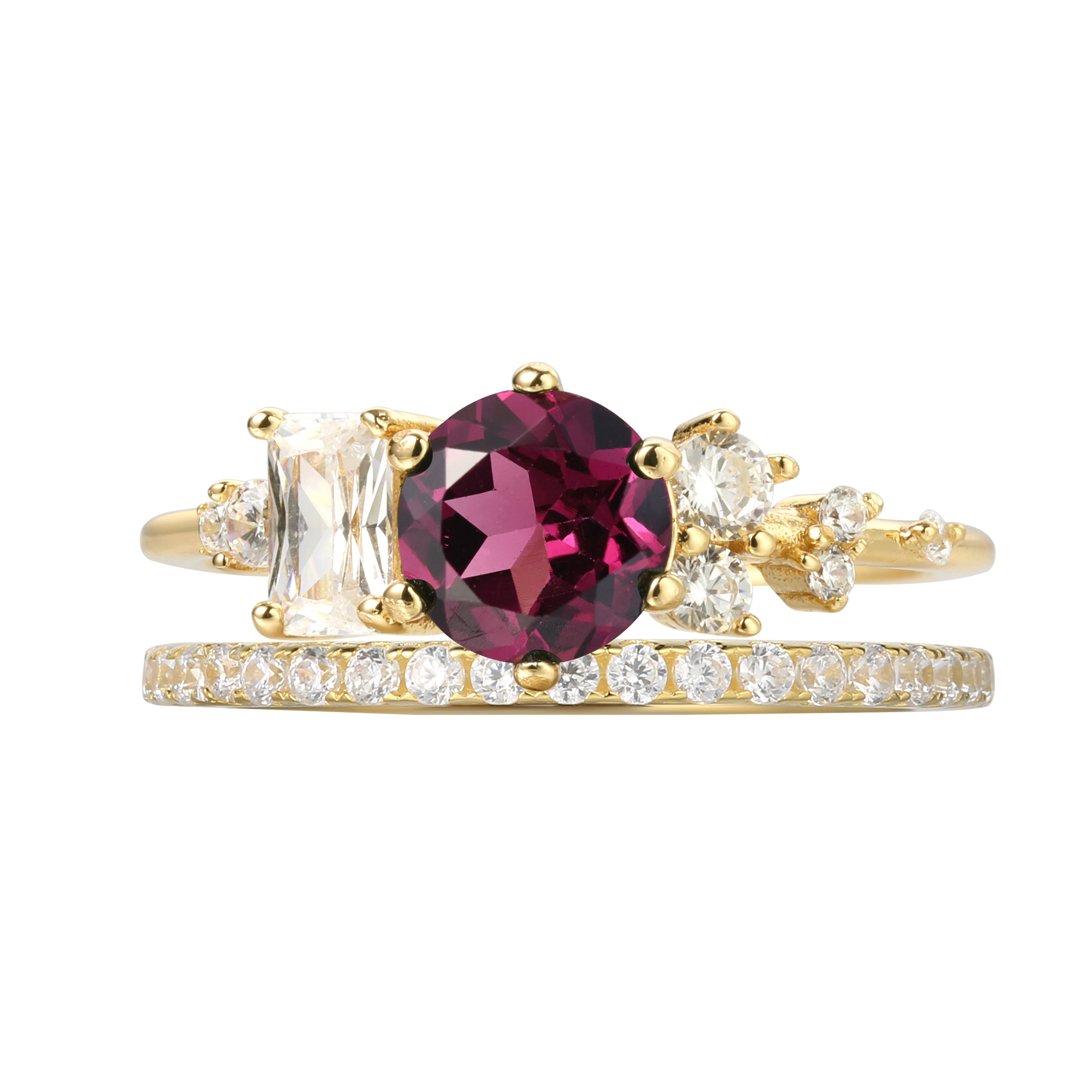 【Amaranth Set】Unique Handmade Natural Rhodolite Garnet Engagement Ring Set 2pcs 0.8ct Round Cut