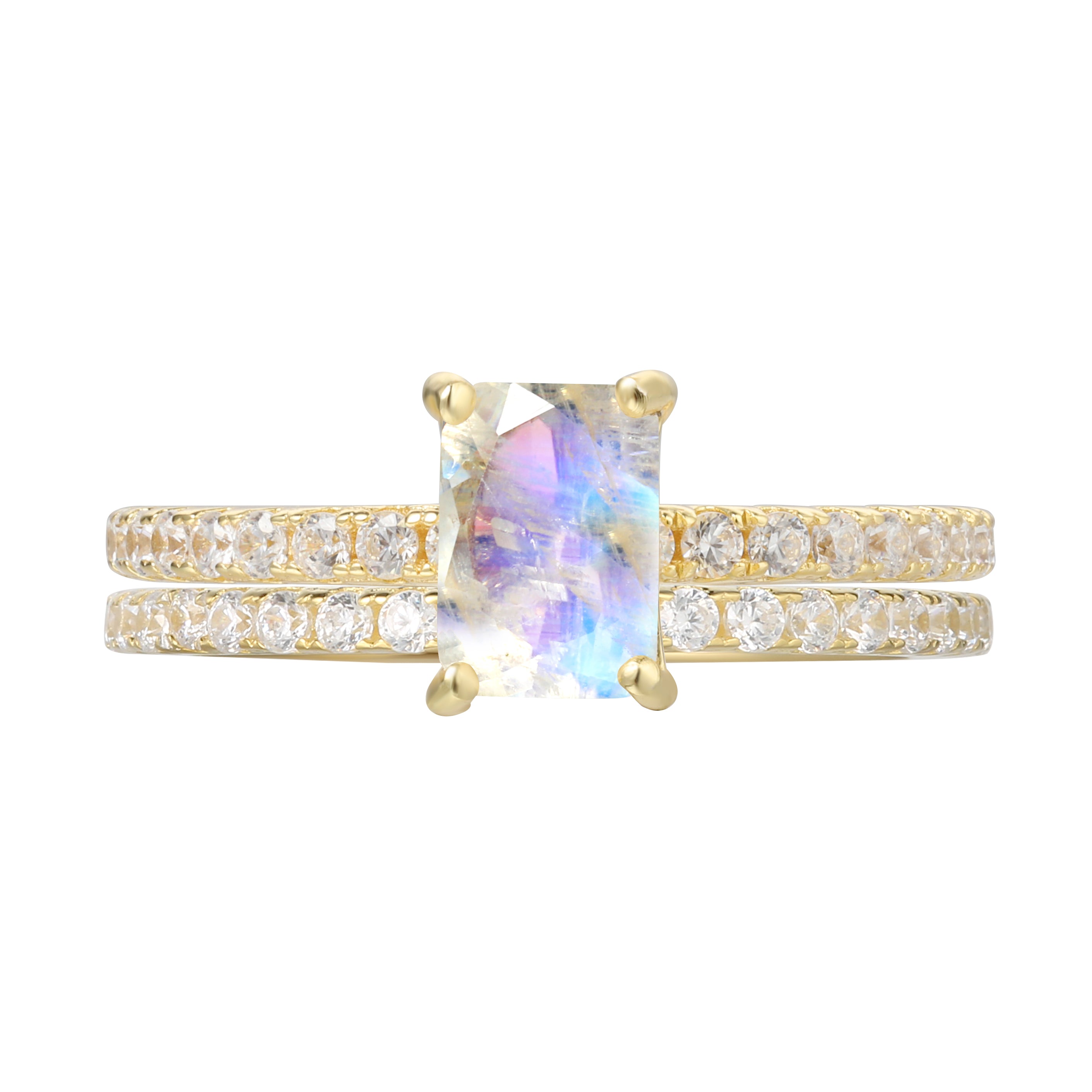 【Ensemble Iris】Ensemble de 2 bagues de fiançailles uniques, fabriquées à la main, en pierre de lune bleue naturelle de 1 carat, taille baguette