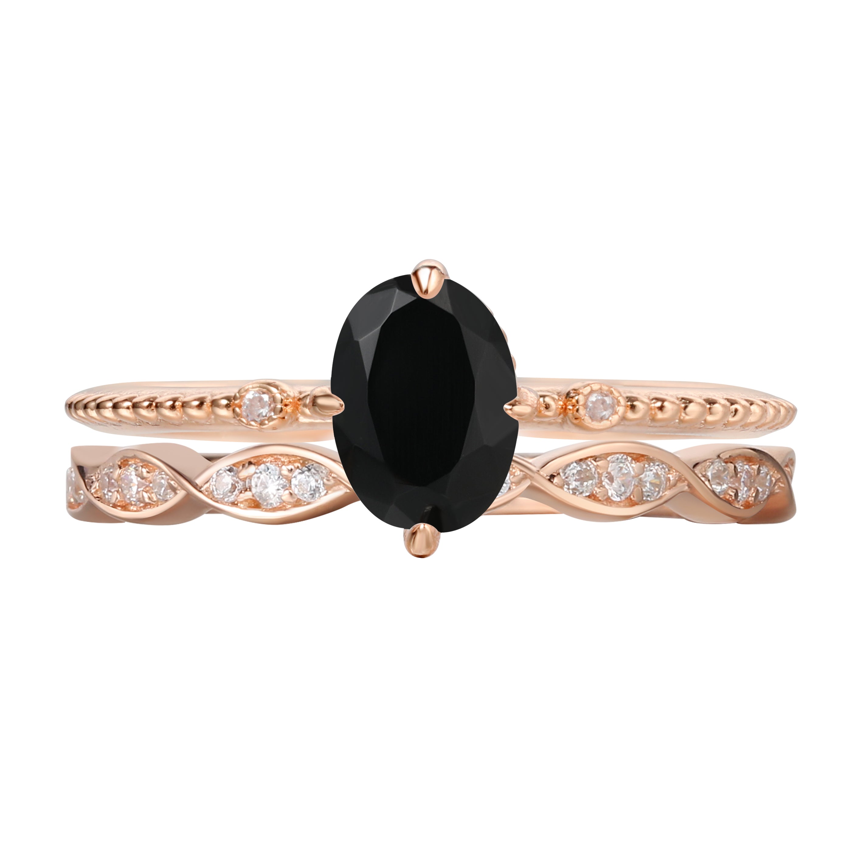 【Ensemble Elysian】Ensemble de 2 bagues de fiançailles ovales en onyx noir naturel fait main (0,75 ct).