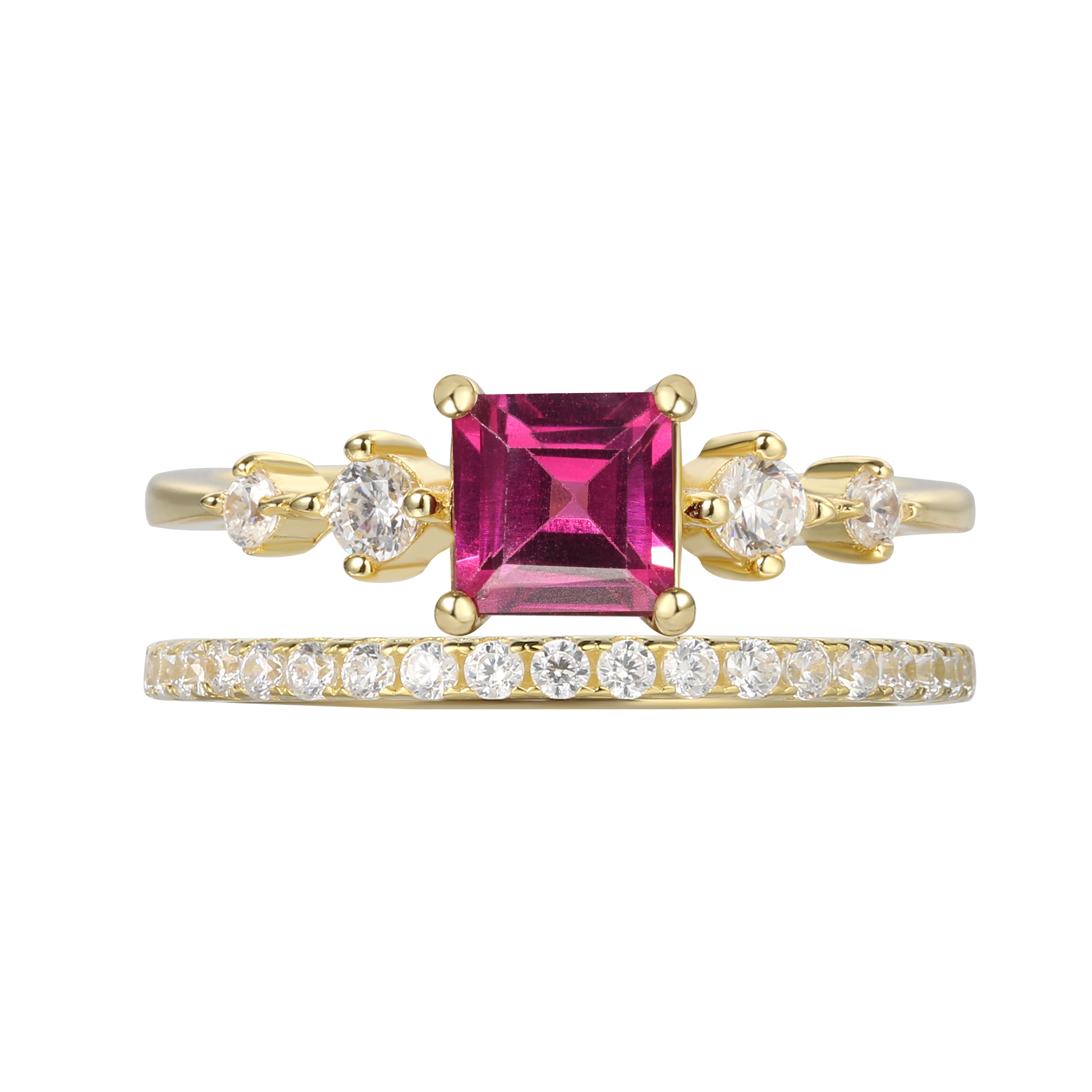 【Rosalind Set】Unique Handmade Natural Rhodolite Garnet Engagement Ring Set 2pcs 0.75ct Princess Cut