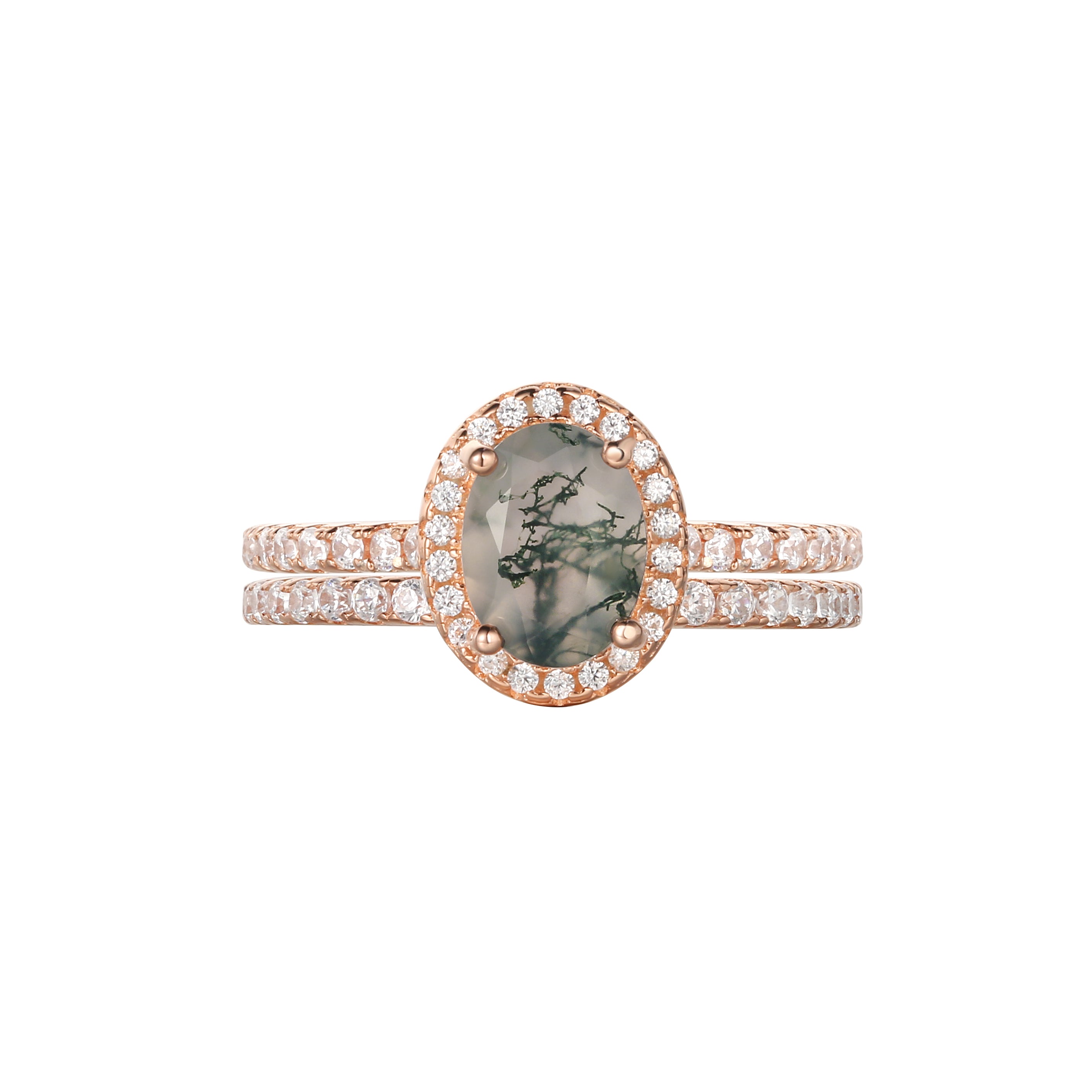 【Enchanted Grovec Set】Unique Handmade Natural Moss Agate Engagement Ring Set 2pcs 1.5ct Oval Shape