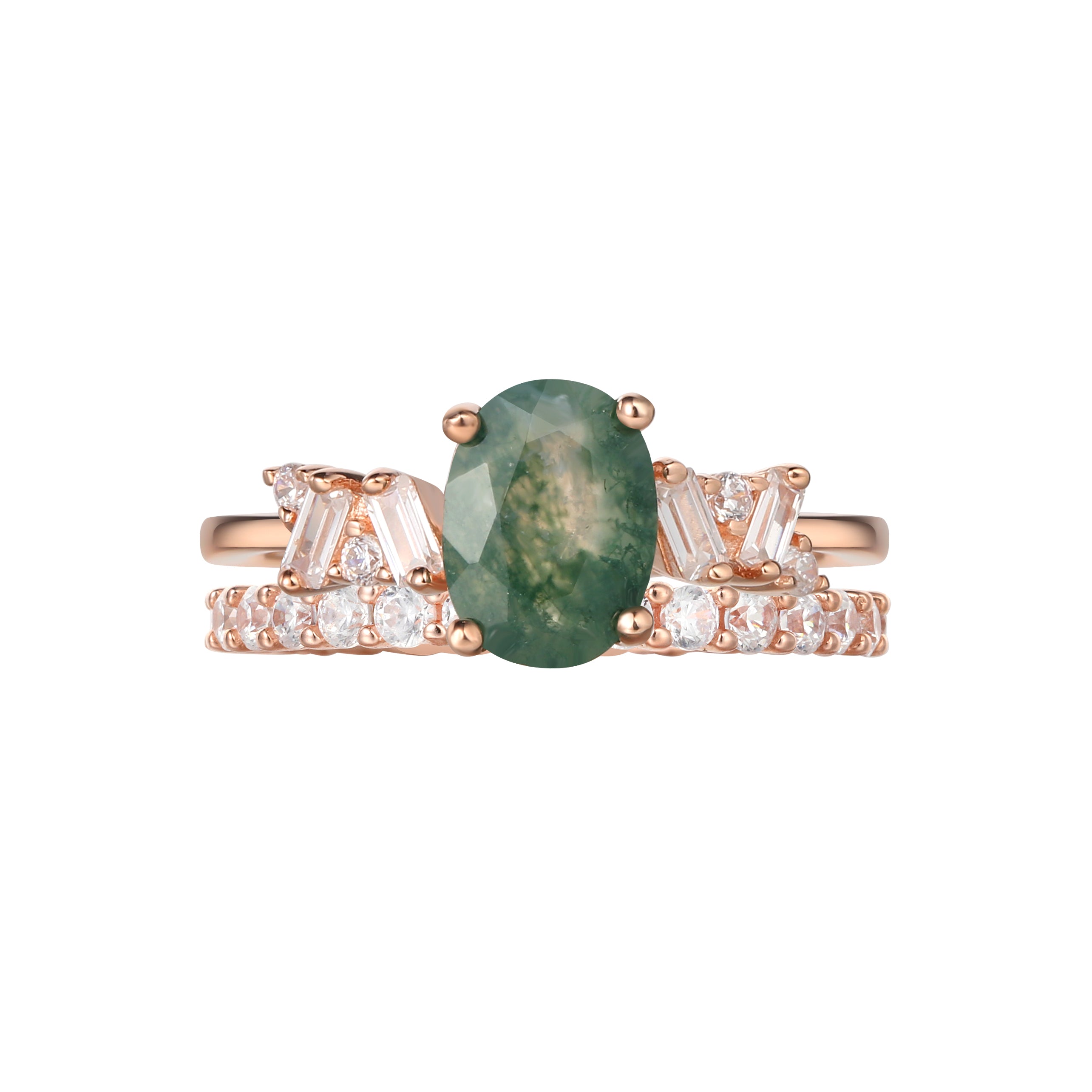 【Ensemble Sylvan Whisper】Ensemble unique de bagues de fiançailles en agate mousse naturelle faite à la main, 2 pièces, 1,5 ct, forme ovale