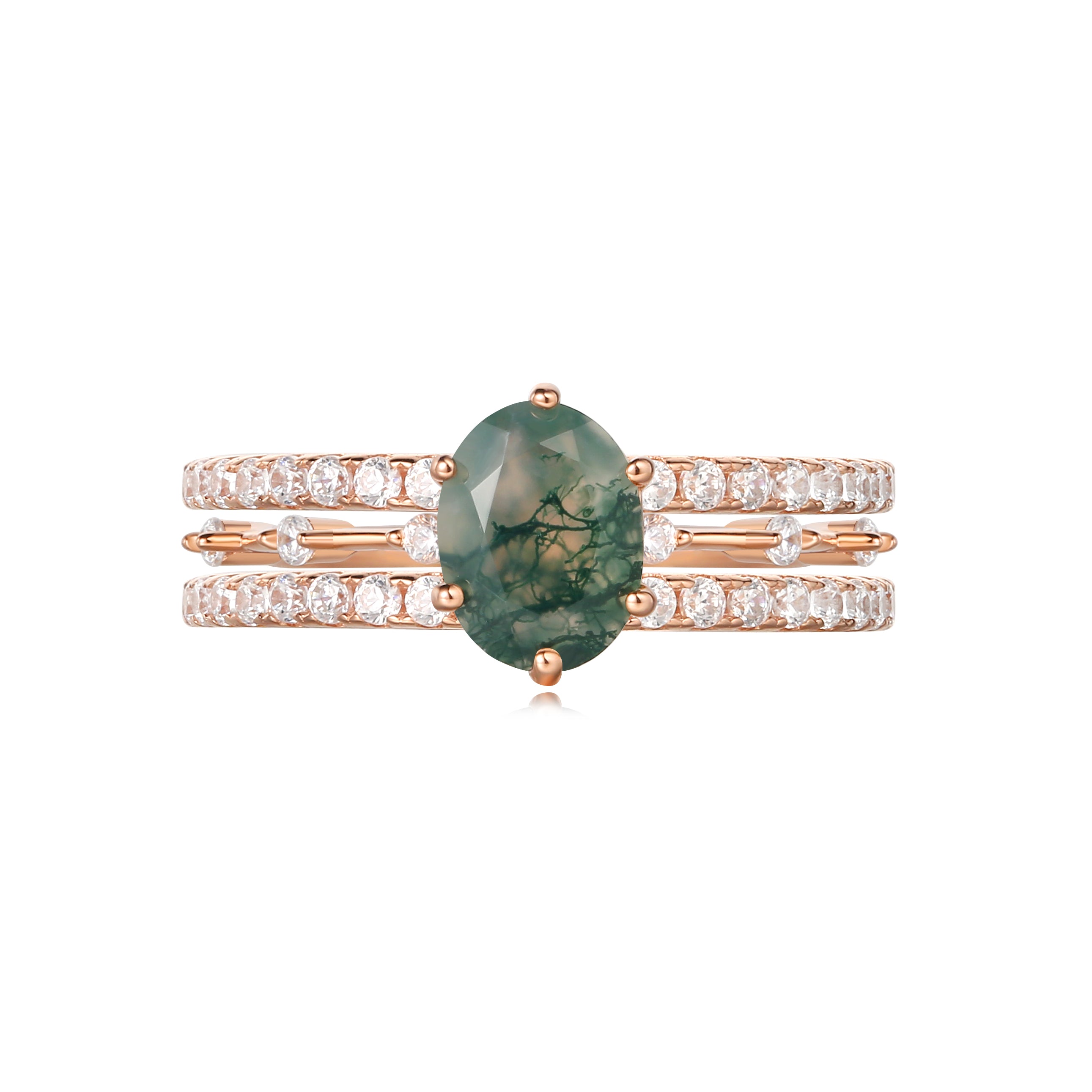 【Ensemble Rootkeeper】Ensemble unique de bagues de fiançailles en agate mousse naturelle faite à la main, 3 pièces, 1,5 ct, forme ovale