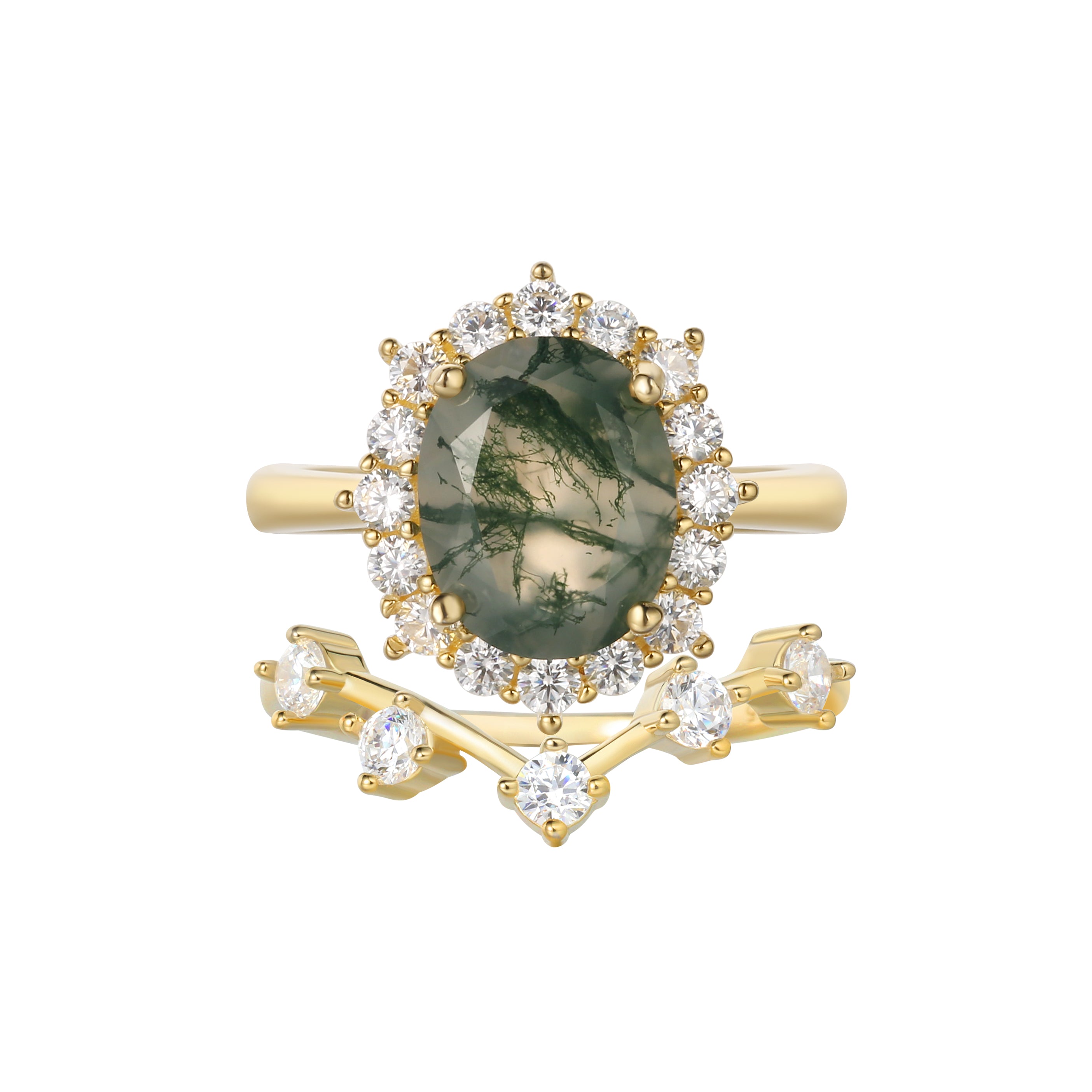 【Ensemble Morrigan】 Bague de fiançailles unique, faite main, en agate mousse verte naturelle, forme ovale, 3 carats (2 pièces).