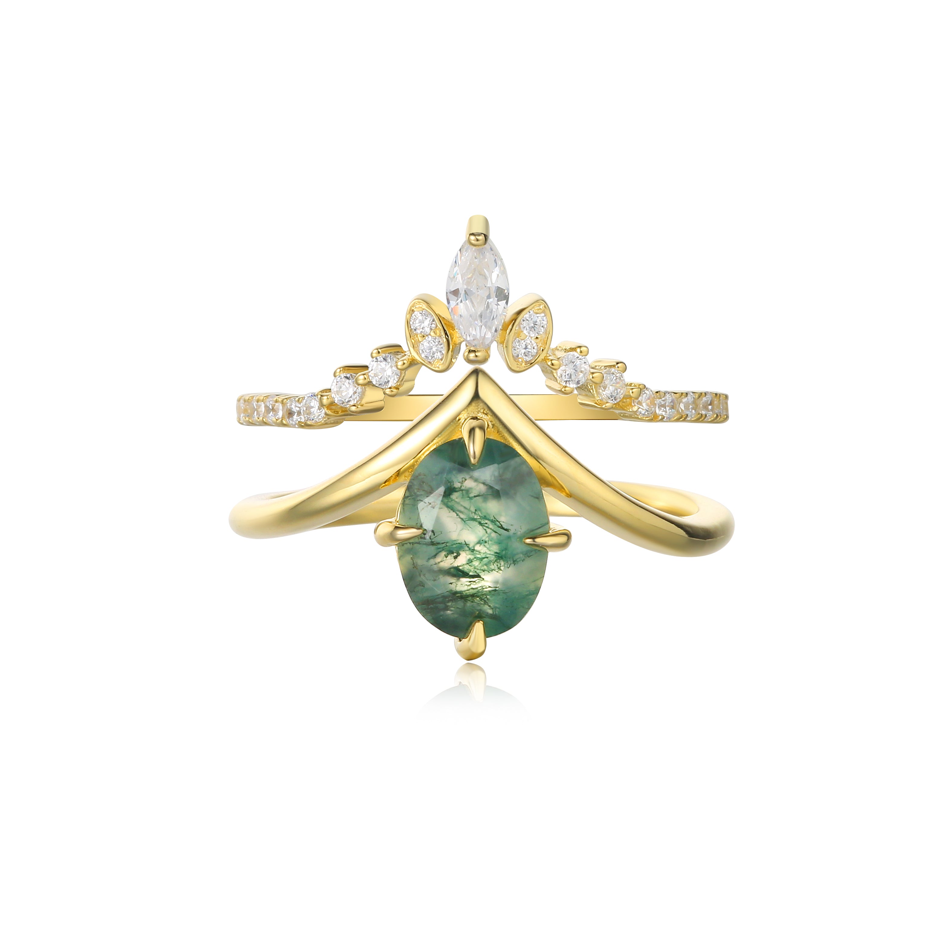 【ENSEMBLE DE JADE】Ensemble unique de bagues de fiançailles en agate mousse naturelle faite à la main, 2 pièces, forme ovale, 1,5 carat