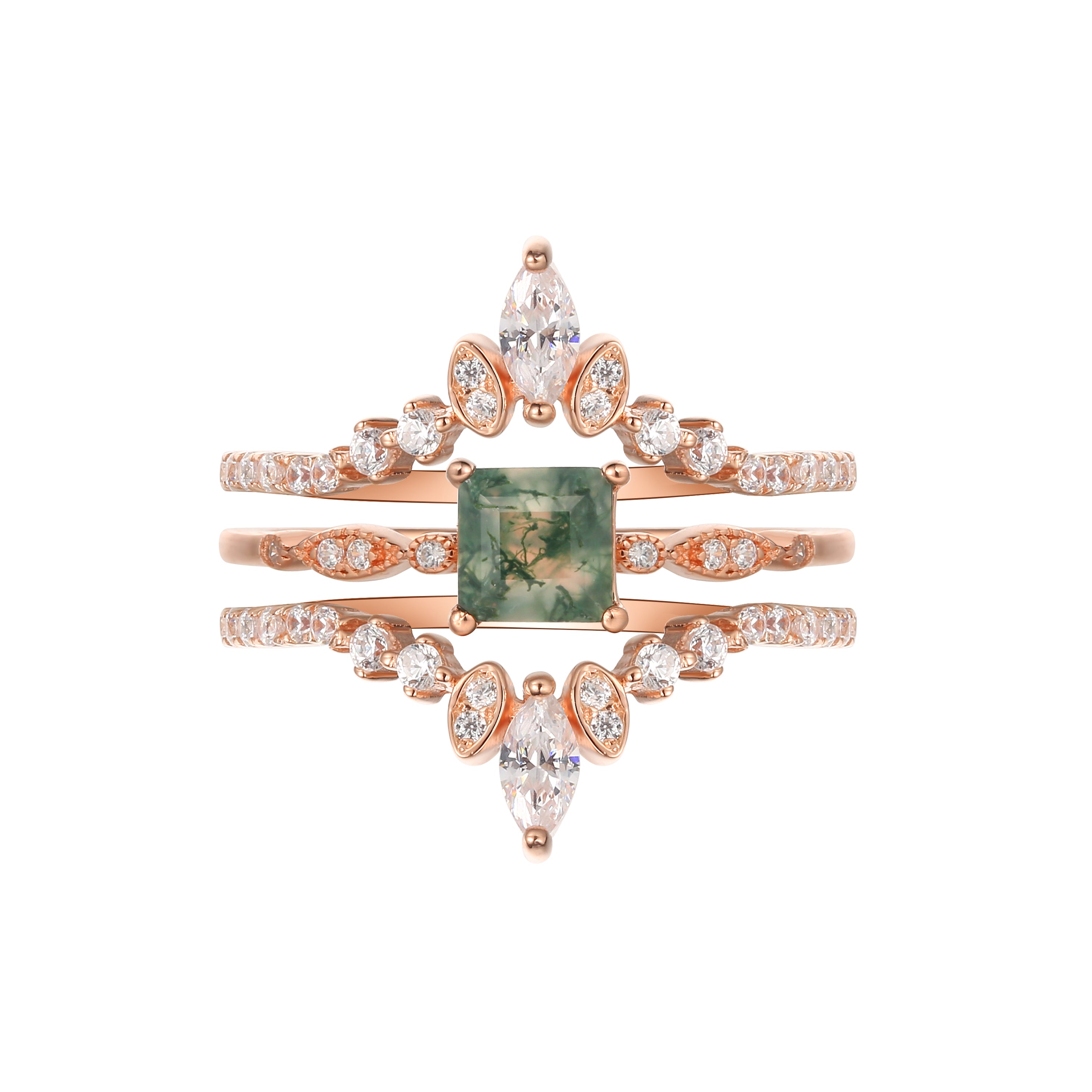 【OPHELIA SET】Unique Handmade Natural Moss Agate Engagement Ring Set 3pcs 0.75ct Princess Cut