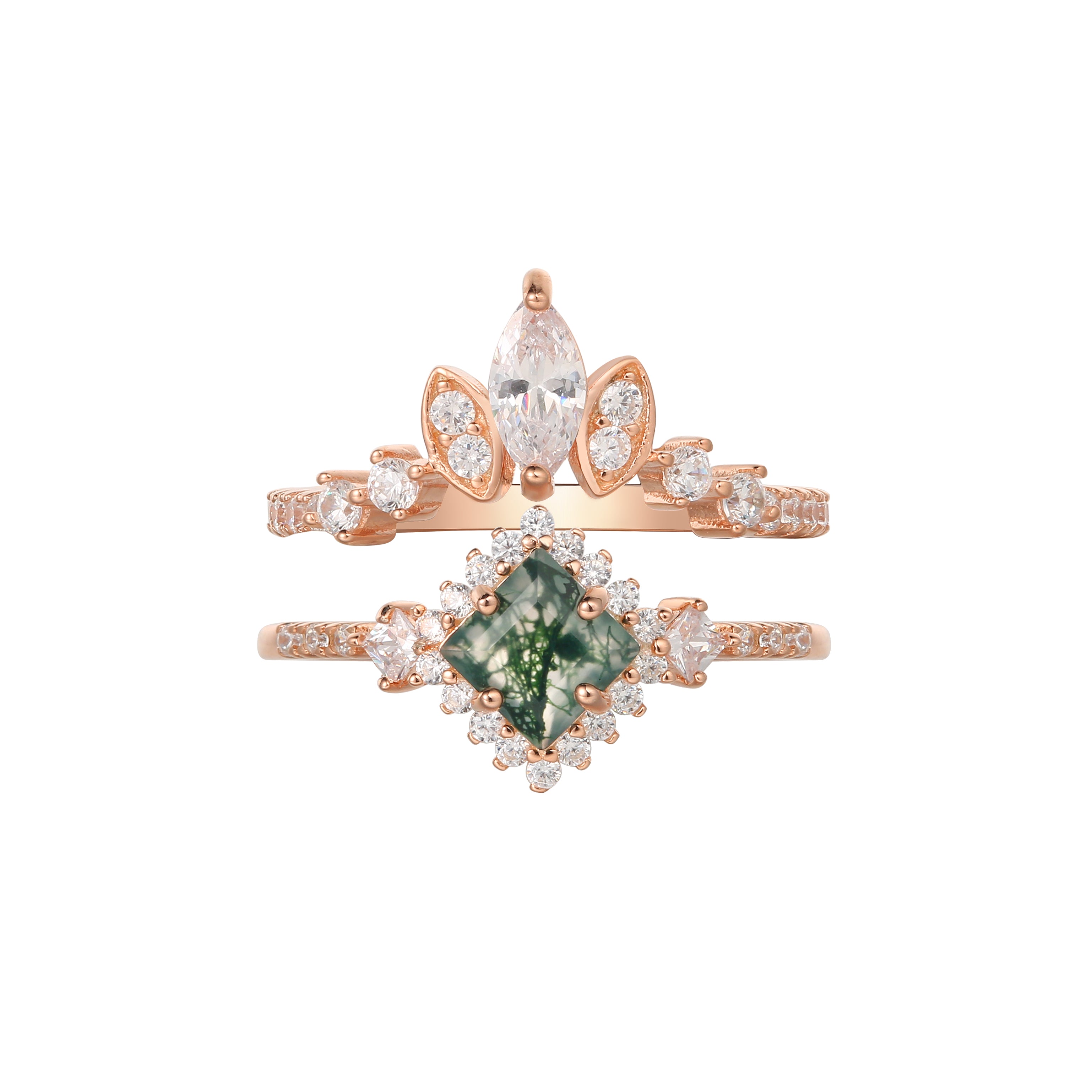 【ENSEMBLE RHIANNON】Ensemble unique de bagues de fiançailles artisanales en agate mousse naturelle, forme princesse, 0,75 ct, composé de 2 pièces