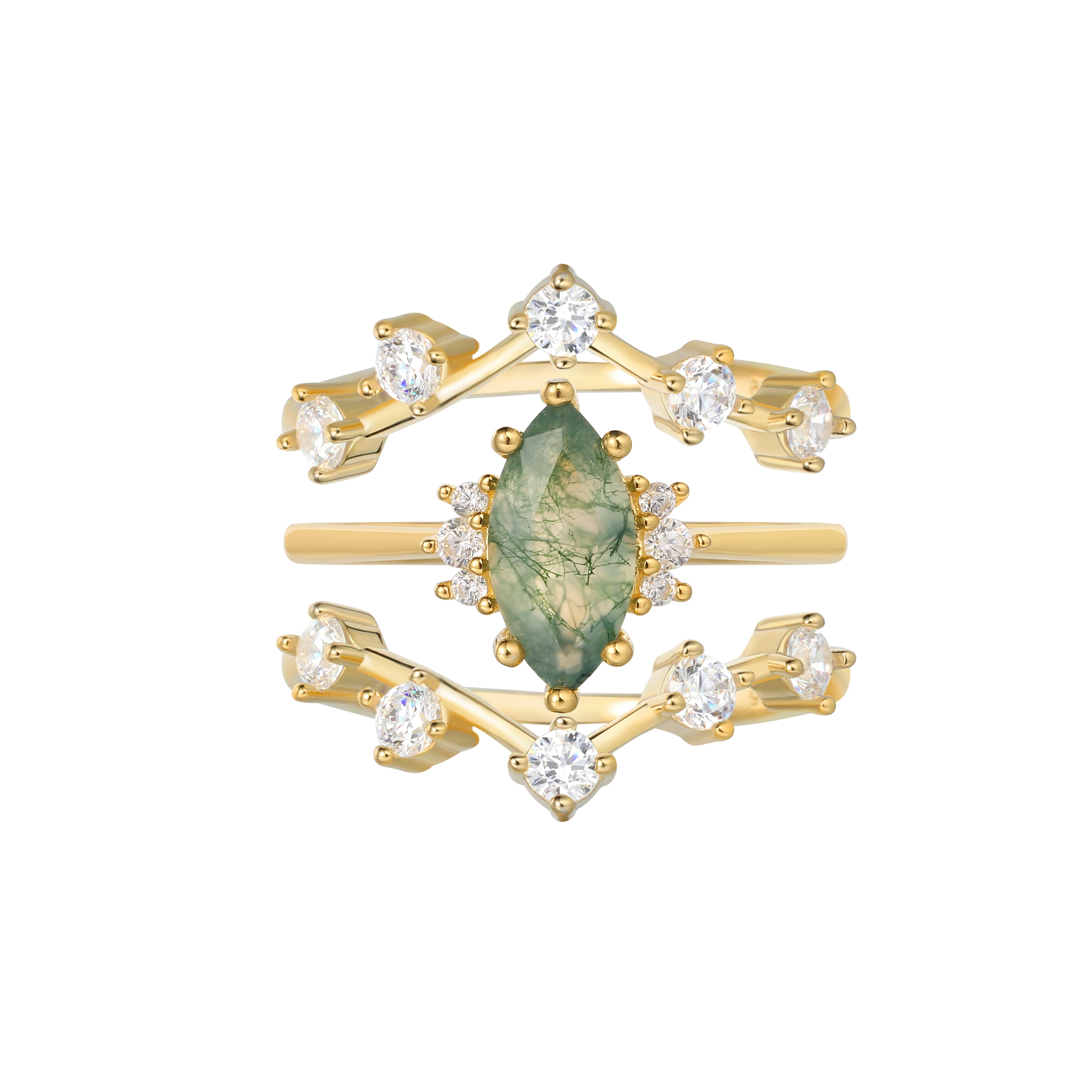 【CASSIOPEIA SET】Unique Handmade Natural Moss Agate Engagement Ring Set 3pcs Marquise Shape 1ct