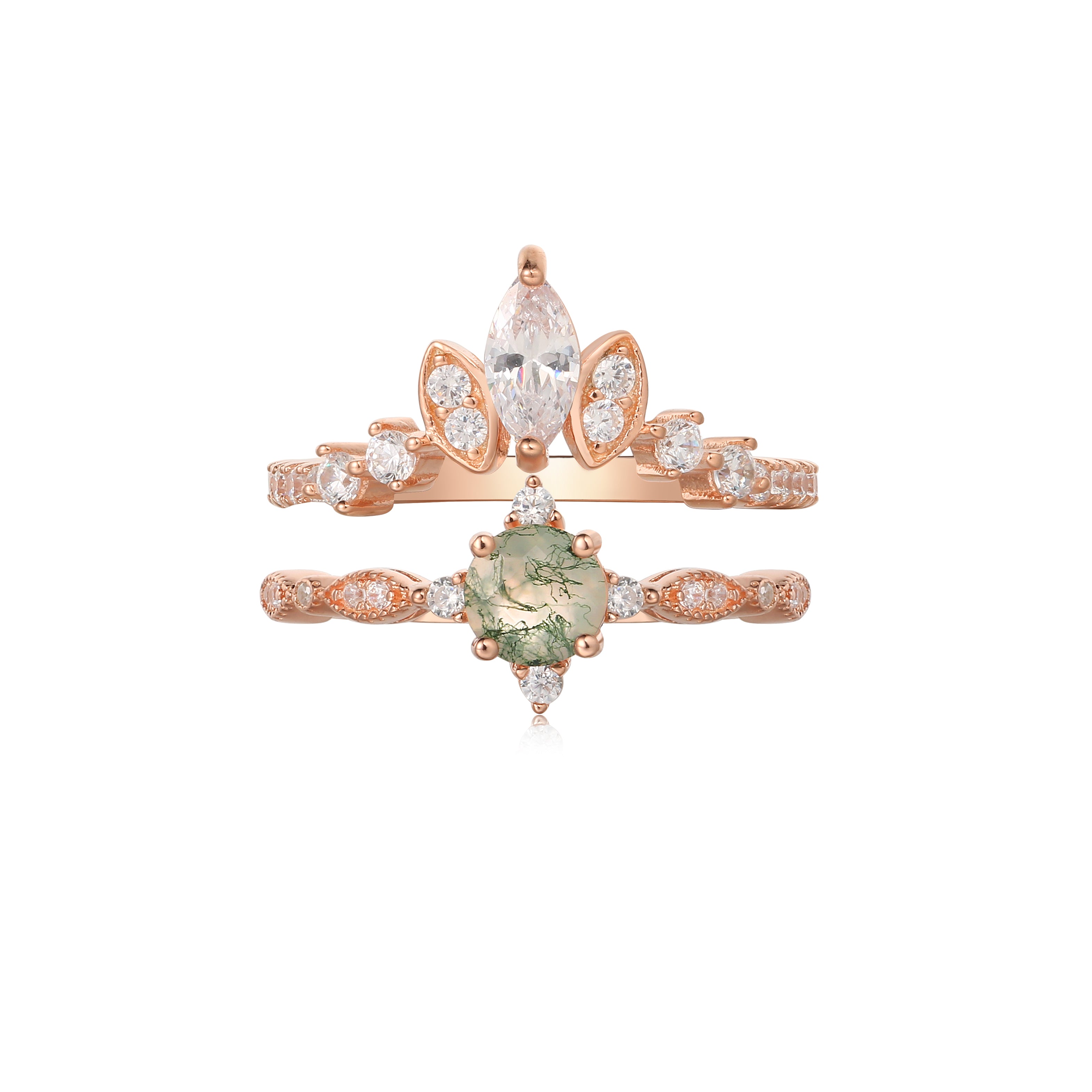 【Ensemble Coralie】Ensemble unique de bagues de fiançailles artisanales en agate mousse naturelle, 2 pièces, 0,5 ct, forme ronde