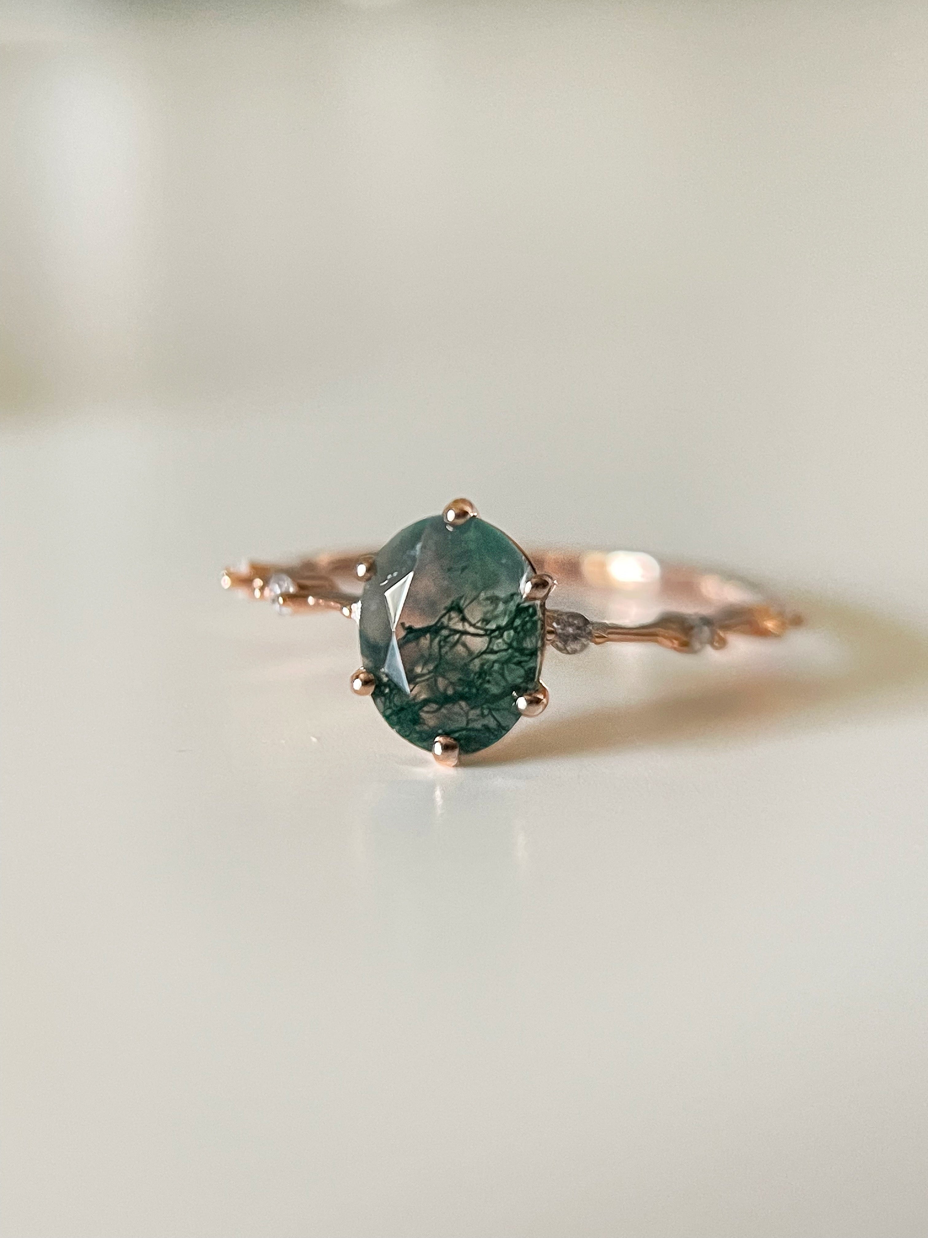 【Rootkeeper】Unique Handmade Natural Moss Agate Engagement Ring 1.5ct Oval Shape