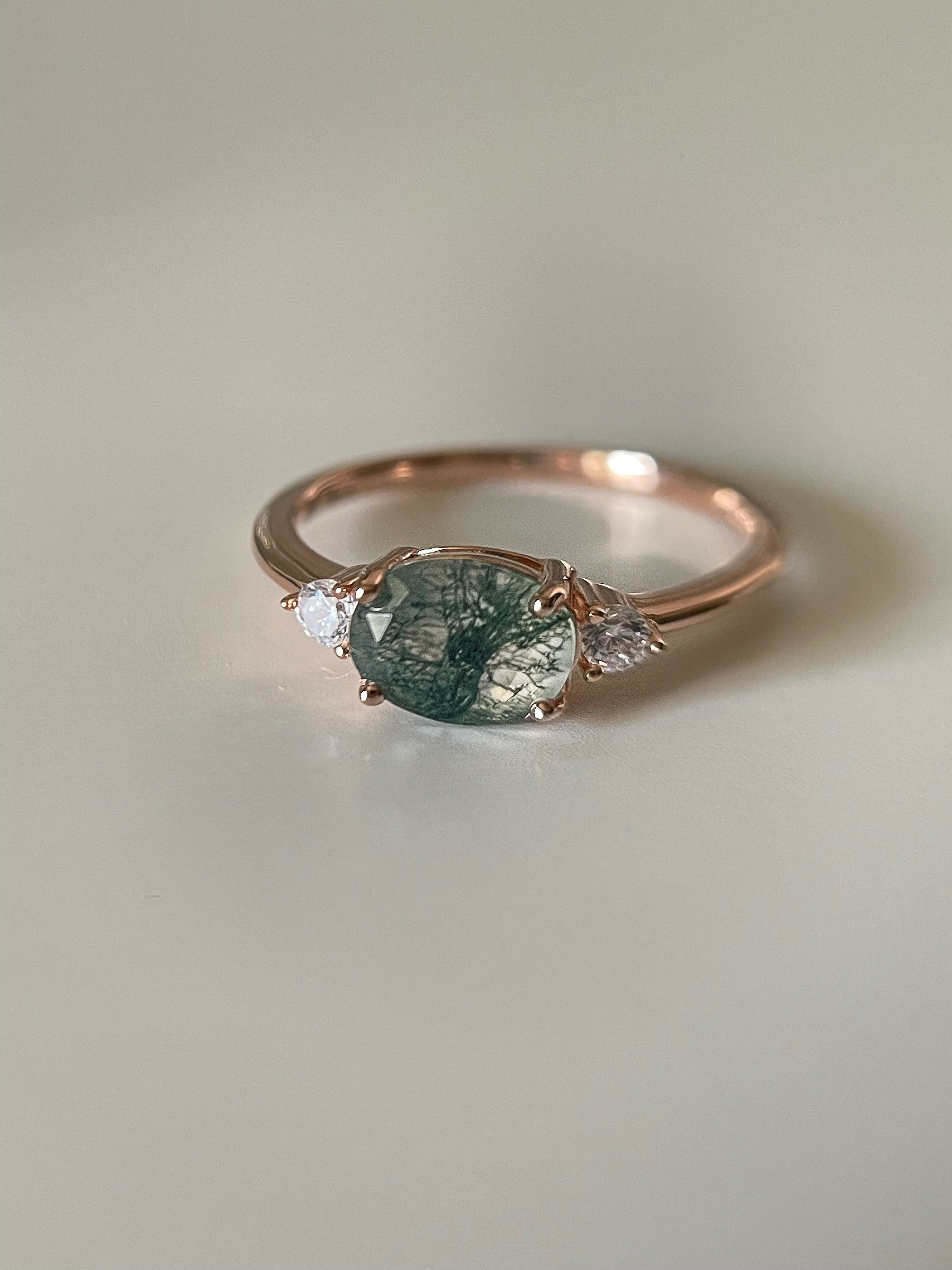 【Ethereal Veil】Unique Handmade Natural Moss Agate Engagement Ring 1.5ct Oval Shape