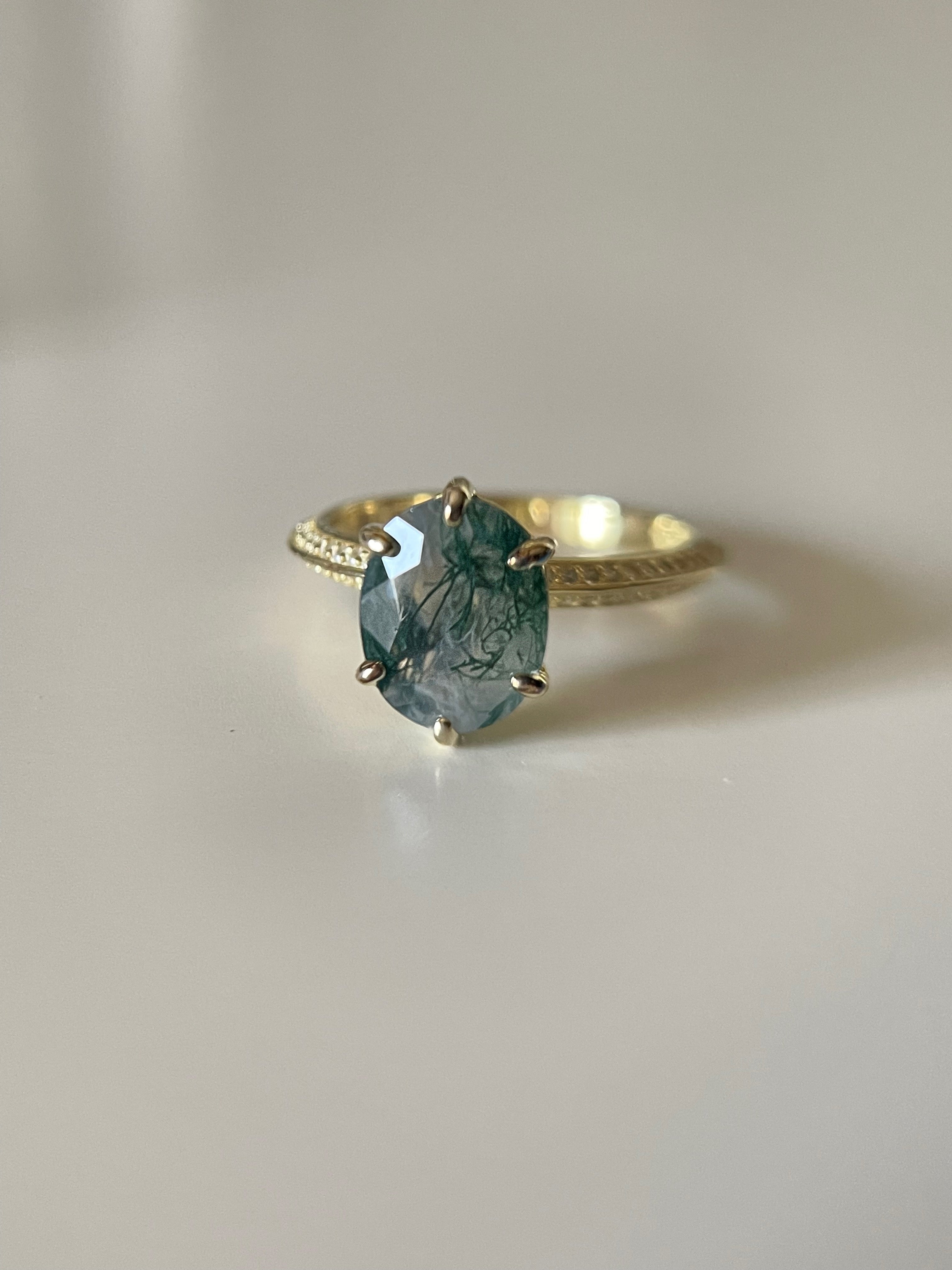 【Mysterium】Unique Handmade Natural Moss Agate Engagement Ring 3ct Oval Shape