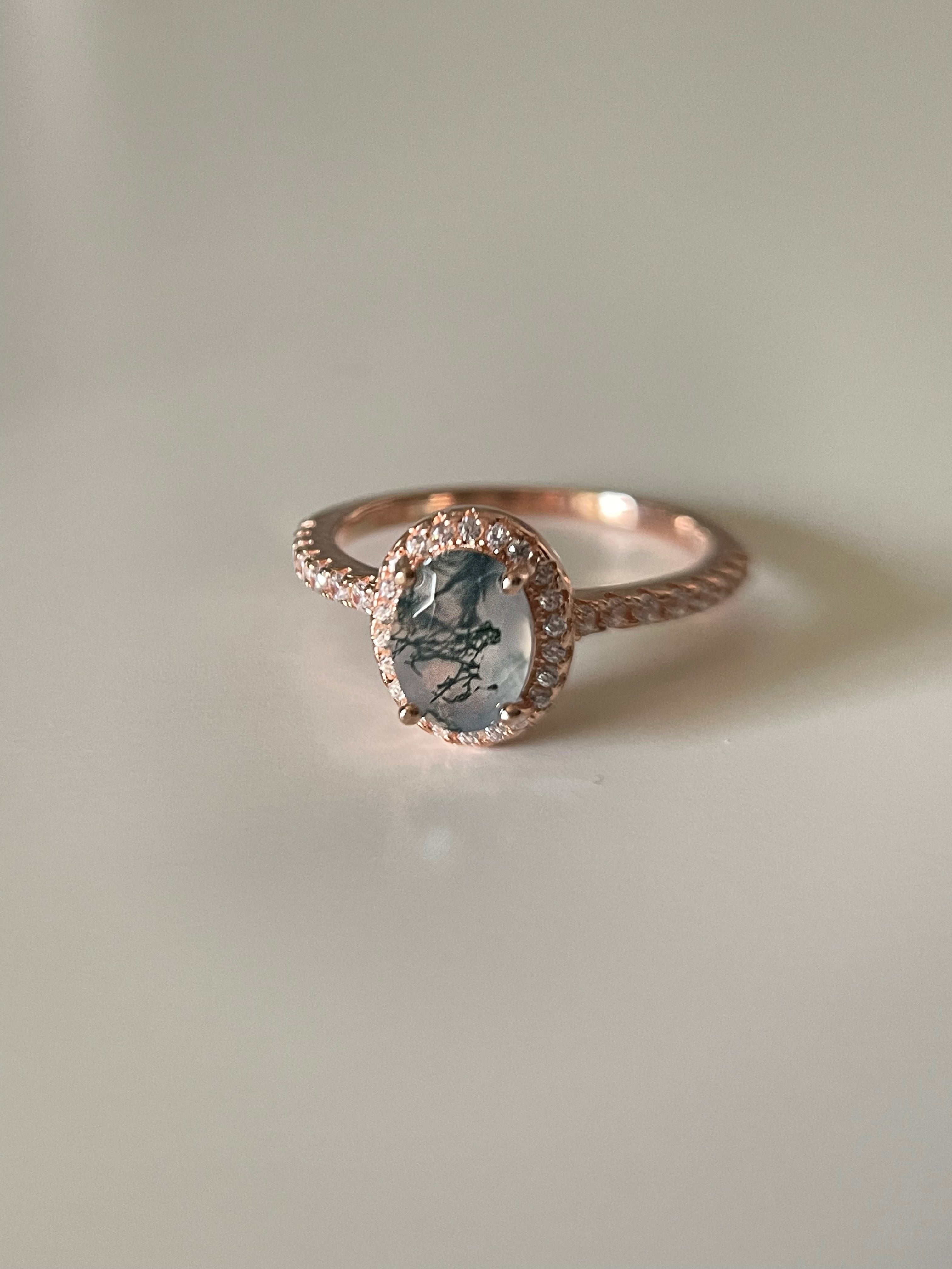 【Enchanted Grovec Set】Unique Handmade Natural Moss Agate Engagement Ring Set 2pcs 1.5ct Oval Shape