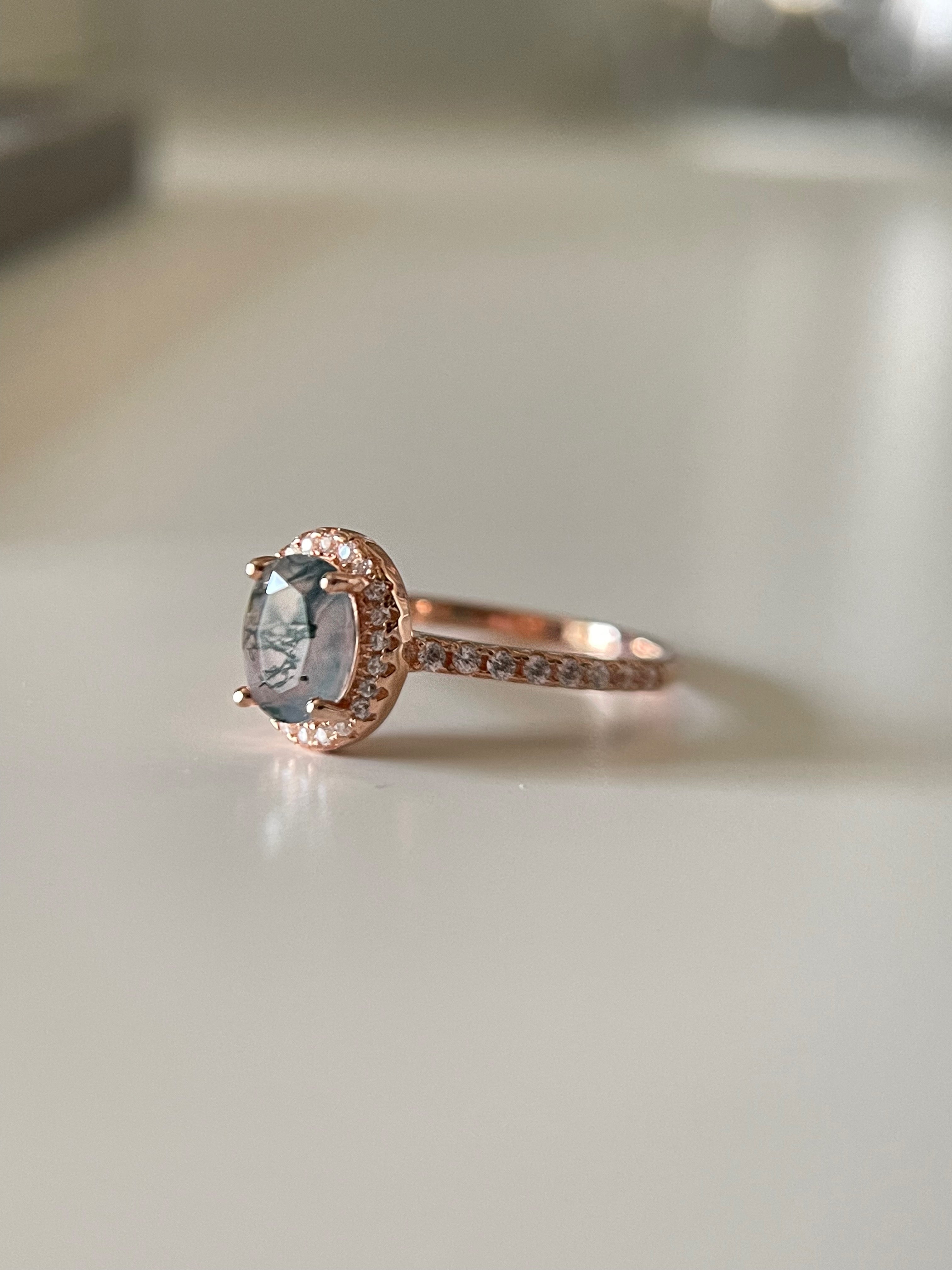 【Enchanted Grovec Set】Unique Handmade Natural Moss Agate Engagement Ring Set 2pcs 1.5ct Oval Shape