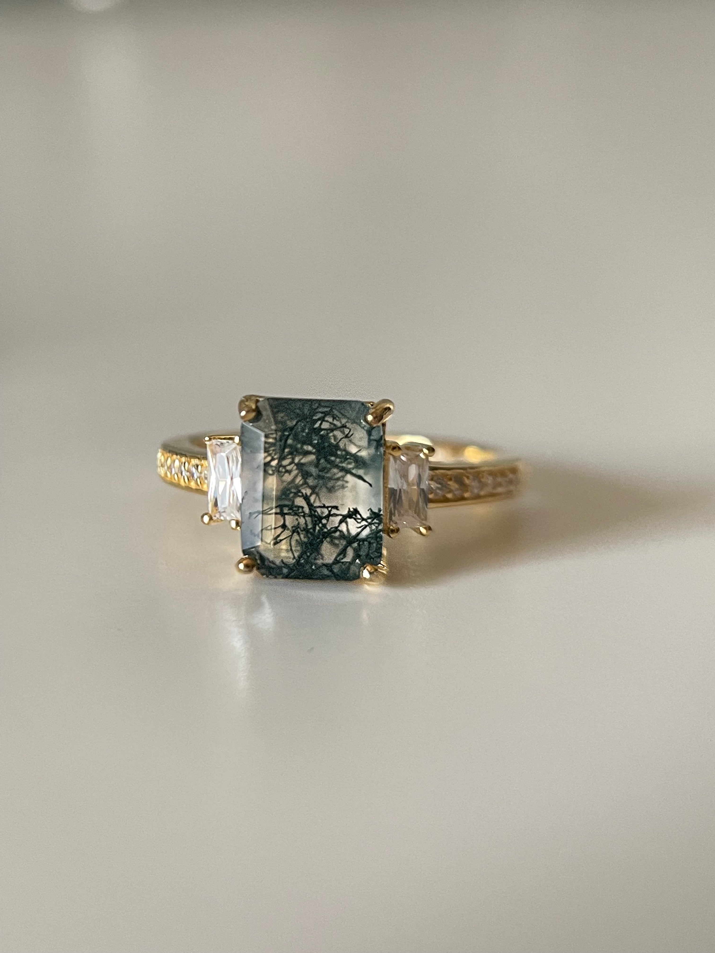 【Ensemble Callista】Ensemble unique de bagues de fiançailles en agate mousse naturelle faite à la main, 2 pièces, 2,5 ct, forme coussin