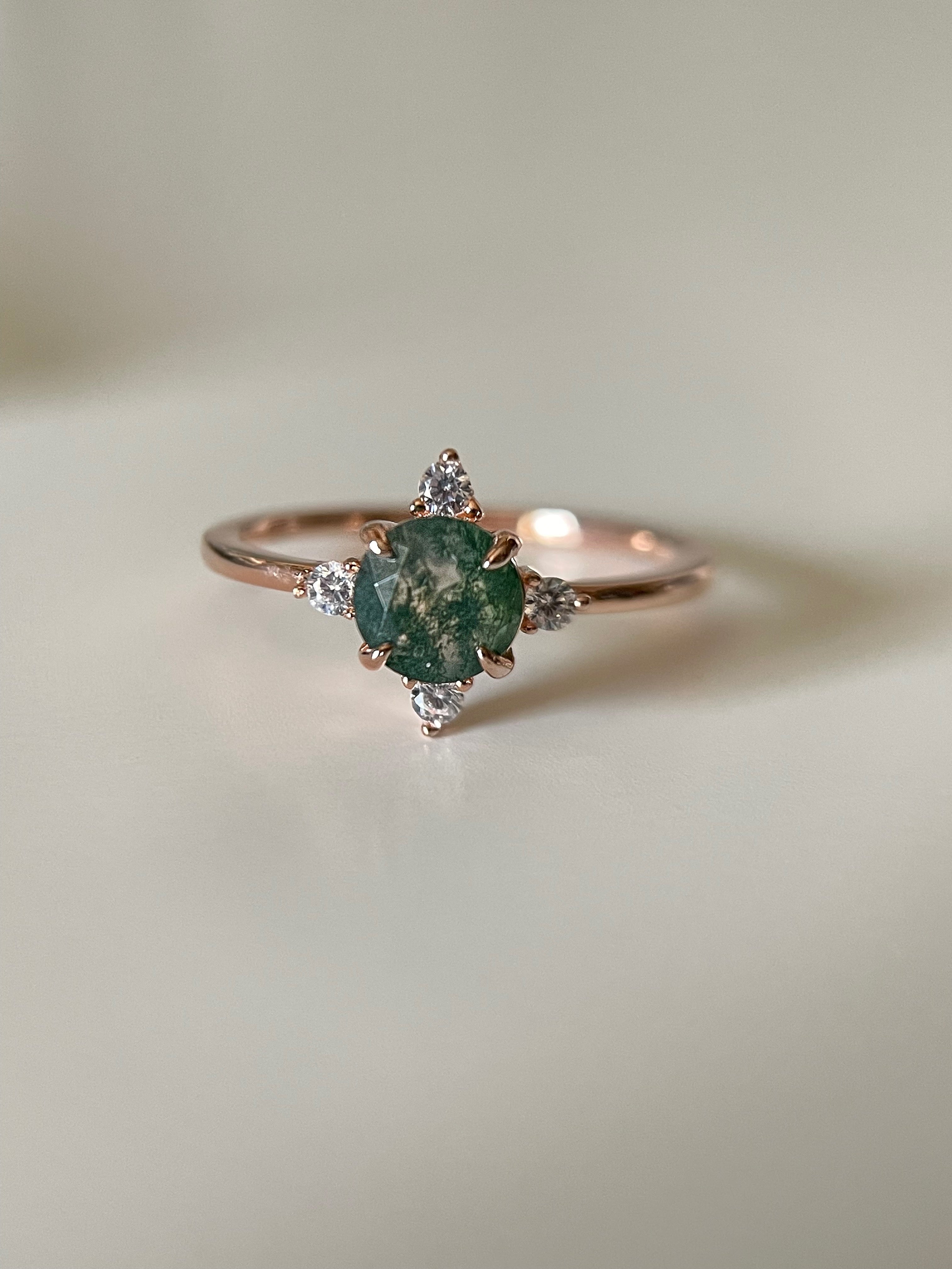 【THAILA】Bague de fiançailles unique, faite main, en agate mousse naturelle, 2 carats, forme ronde, 0,8 carat