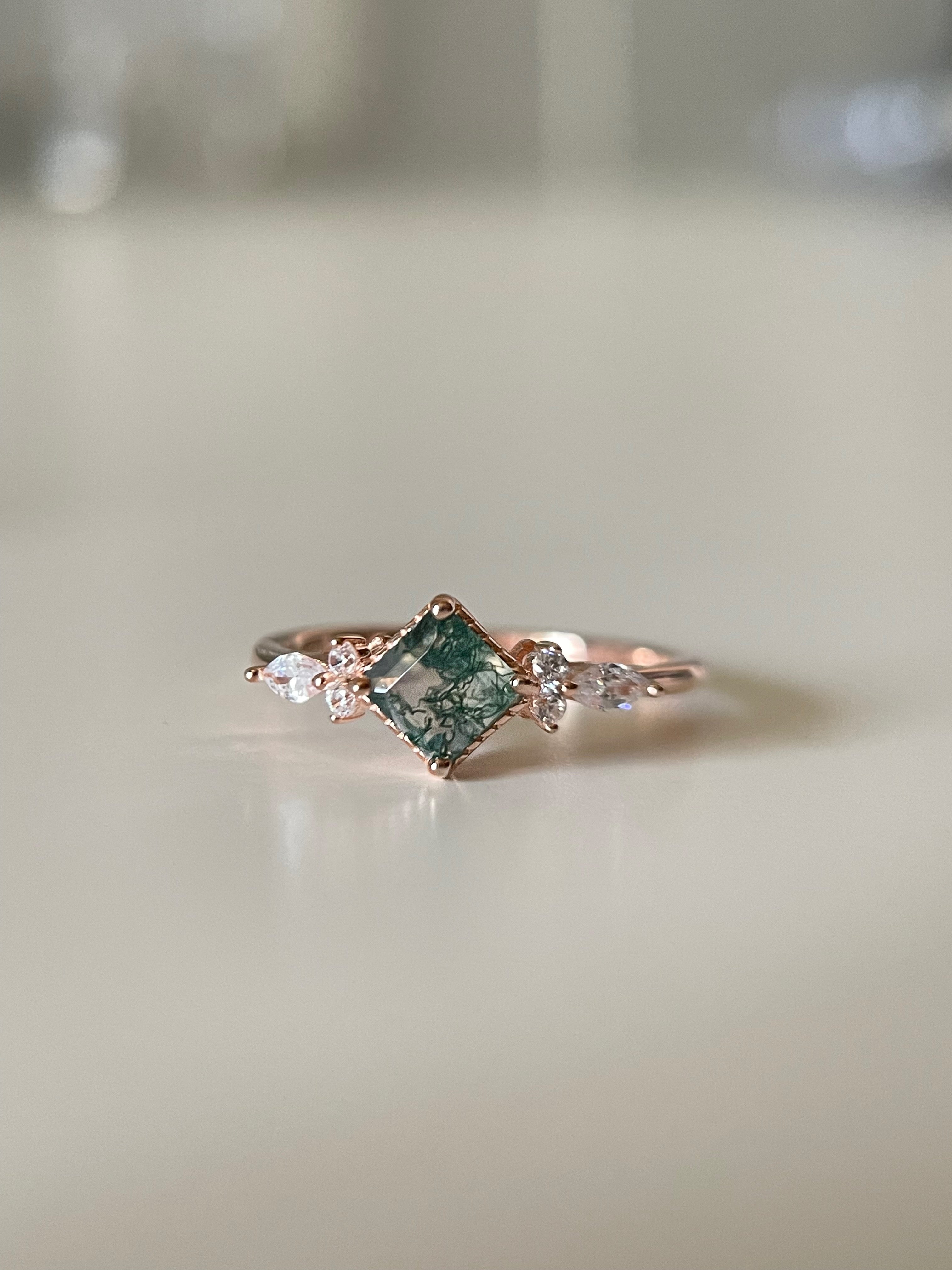 【GAIA SET】Unique Handmade Natural Moss Agate Engagement Ring Set 2pcs 0.75ct Princess Shape