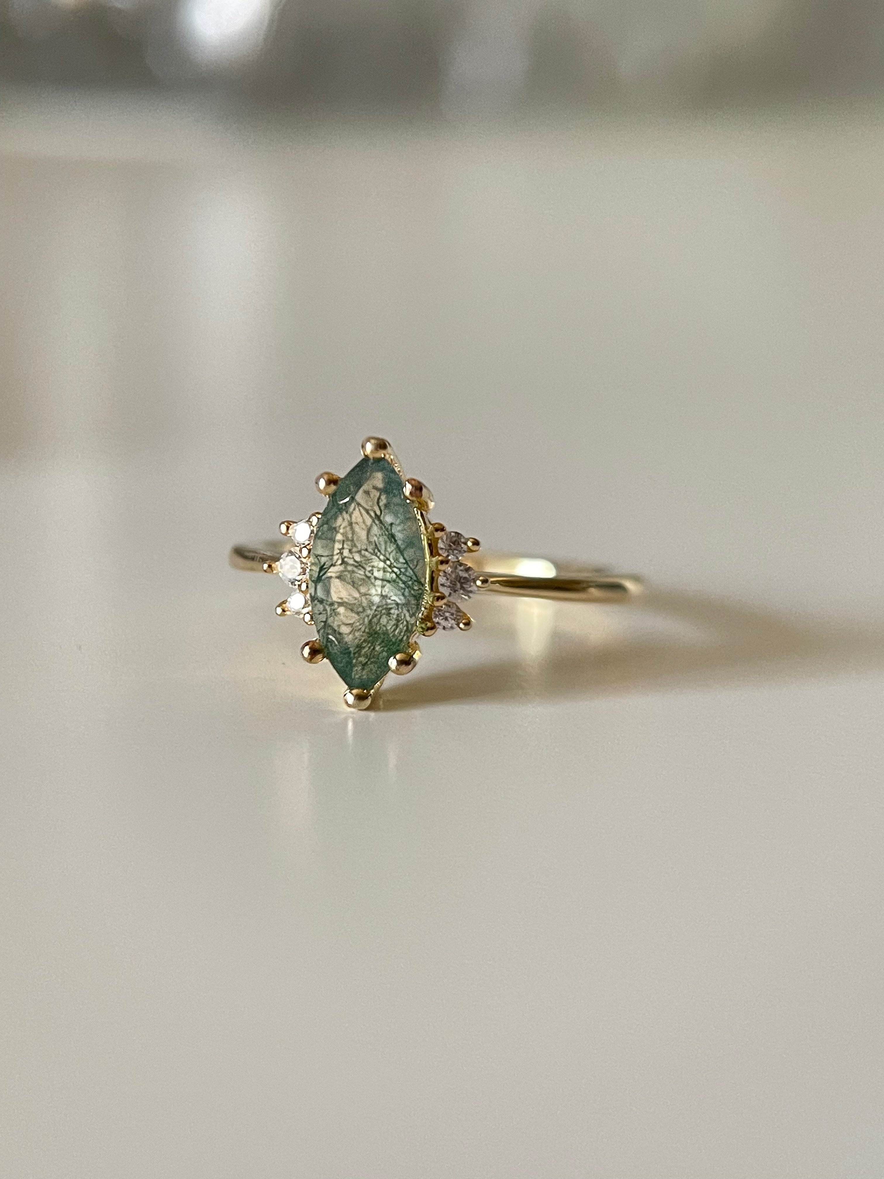 【CASSIOPEIA SET】Unique Handmade Natural Moss Agate Engagement Ring Set 3pcs Marquise Cut 1ct