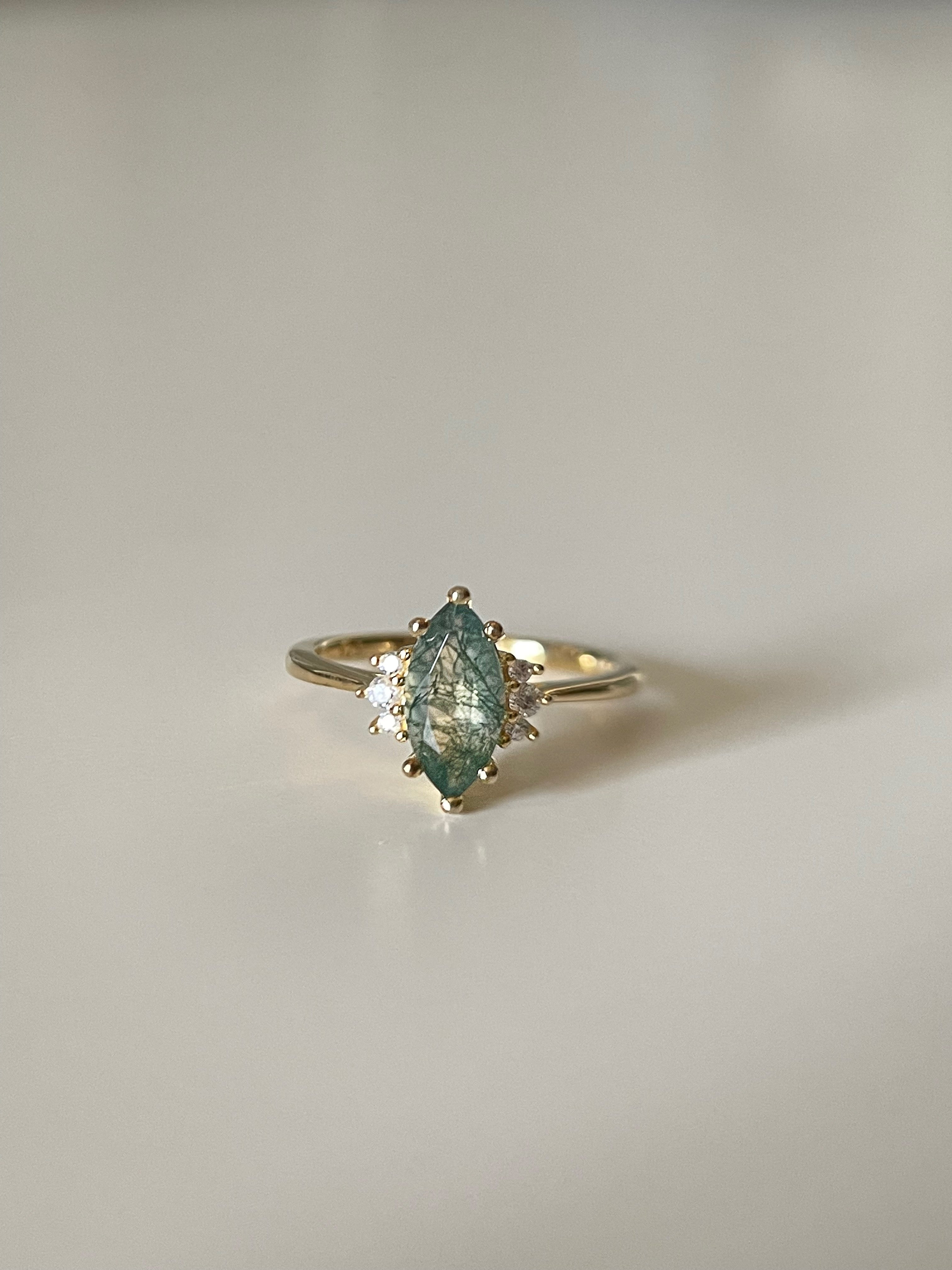 【CASSIOPEIA SET】Unique Handmade Natural Moss Agate Engagement Ring Set 3pcs Marquise Shape 1ct