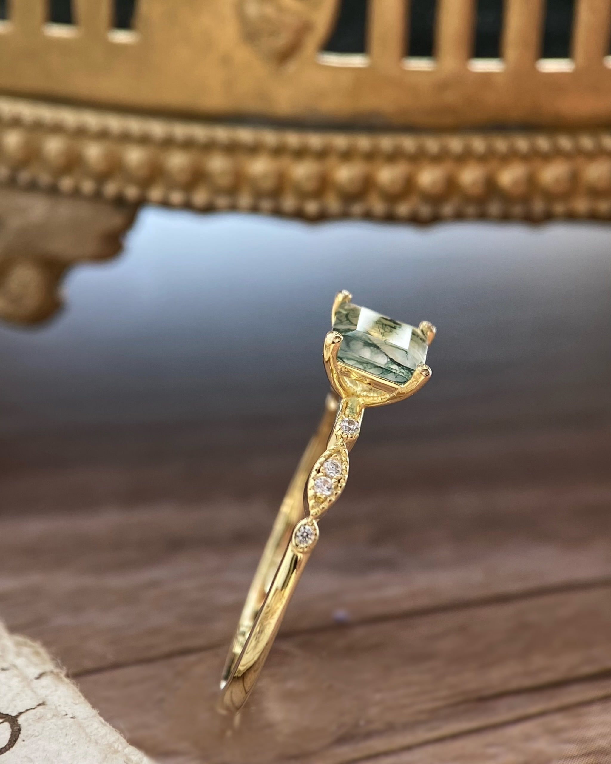 【OPHELIA】Bague de fiançailles unique, faite main, en agate mousse naturelle, 0,75 ct, taille princesse